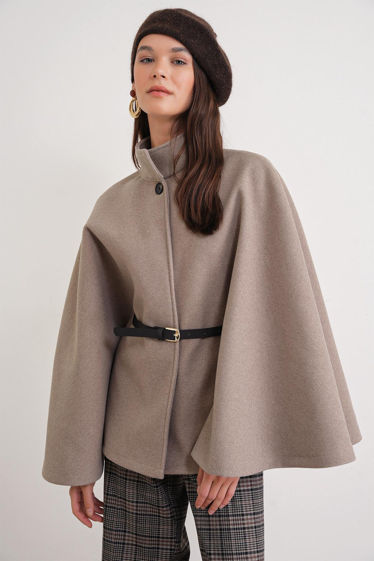 4768 Kadın Kemerli Panço Premium Kaşe Ceket Vizon