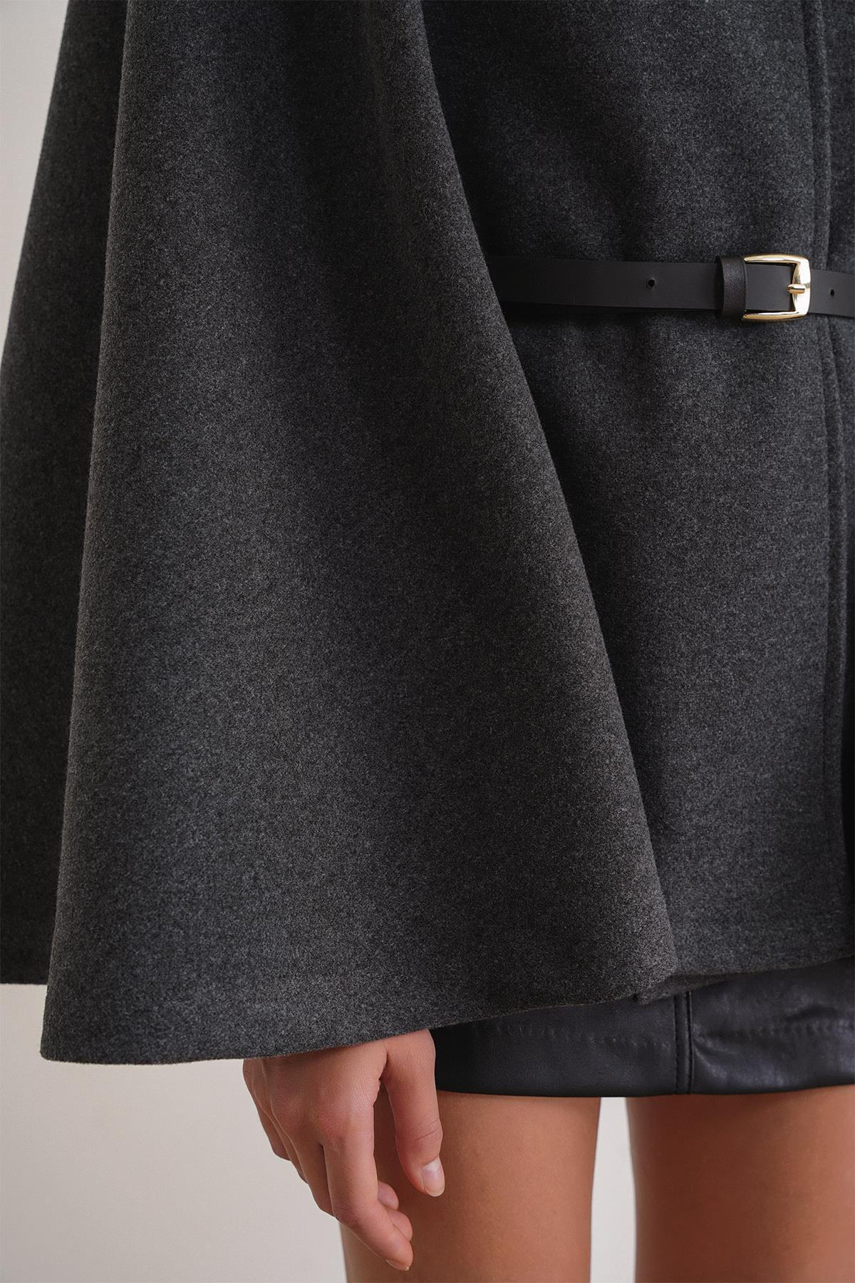 4768 Kadın Kemerli Panço Premium Kaşe Ceket Antrasit