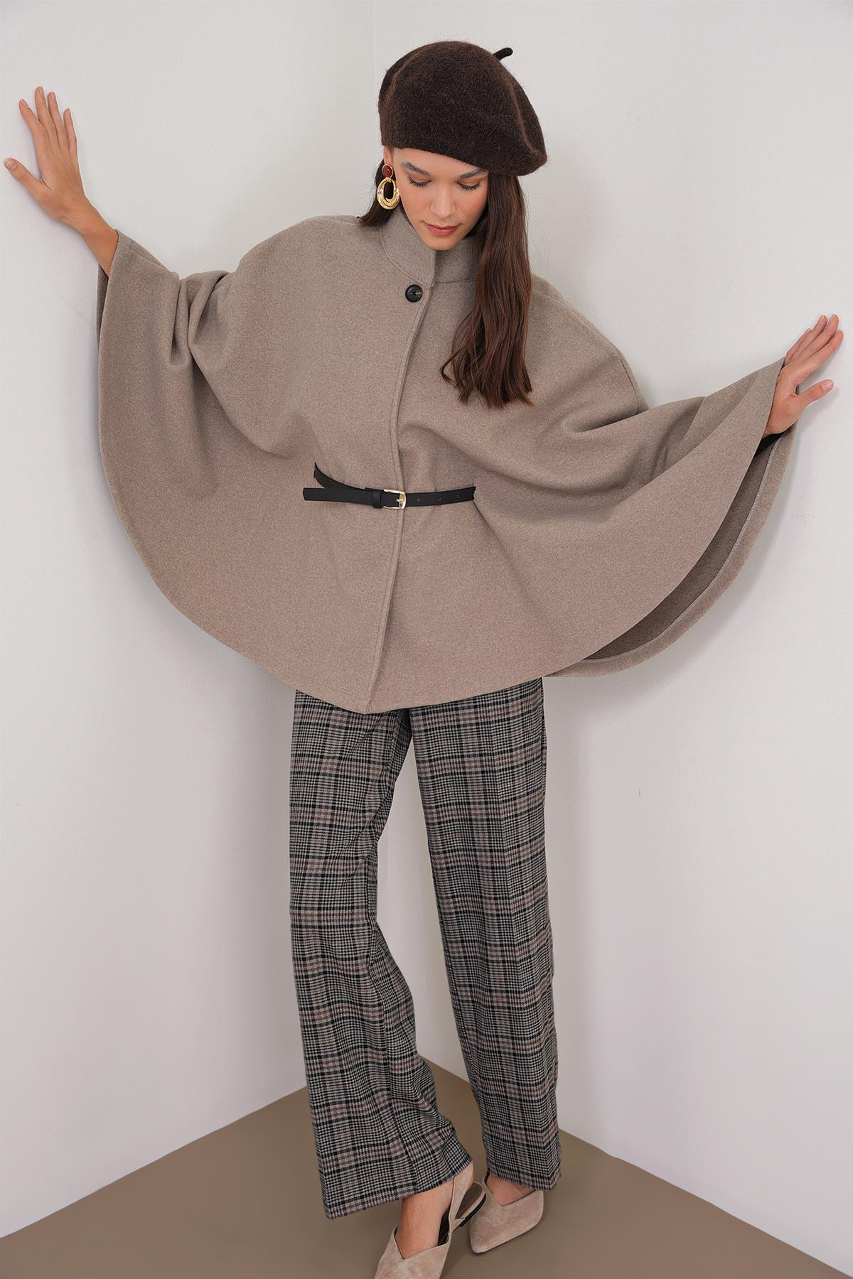 4768 Kadın Kemerli Panço Premium Kaşe Ceket Vizon