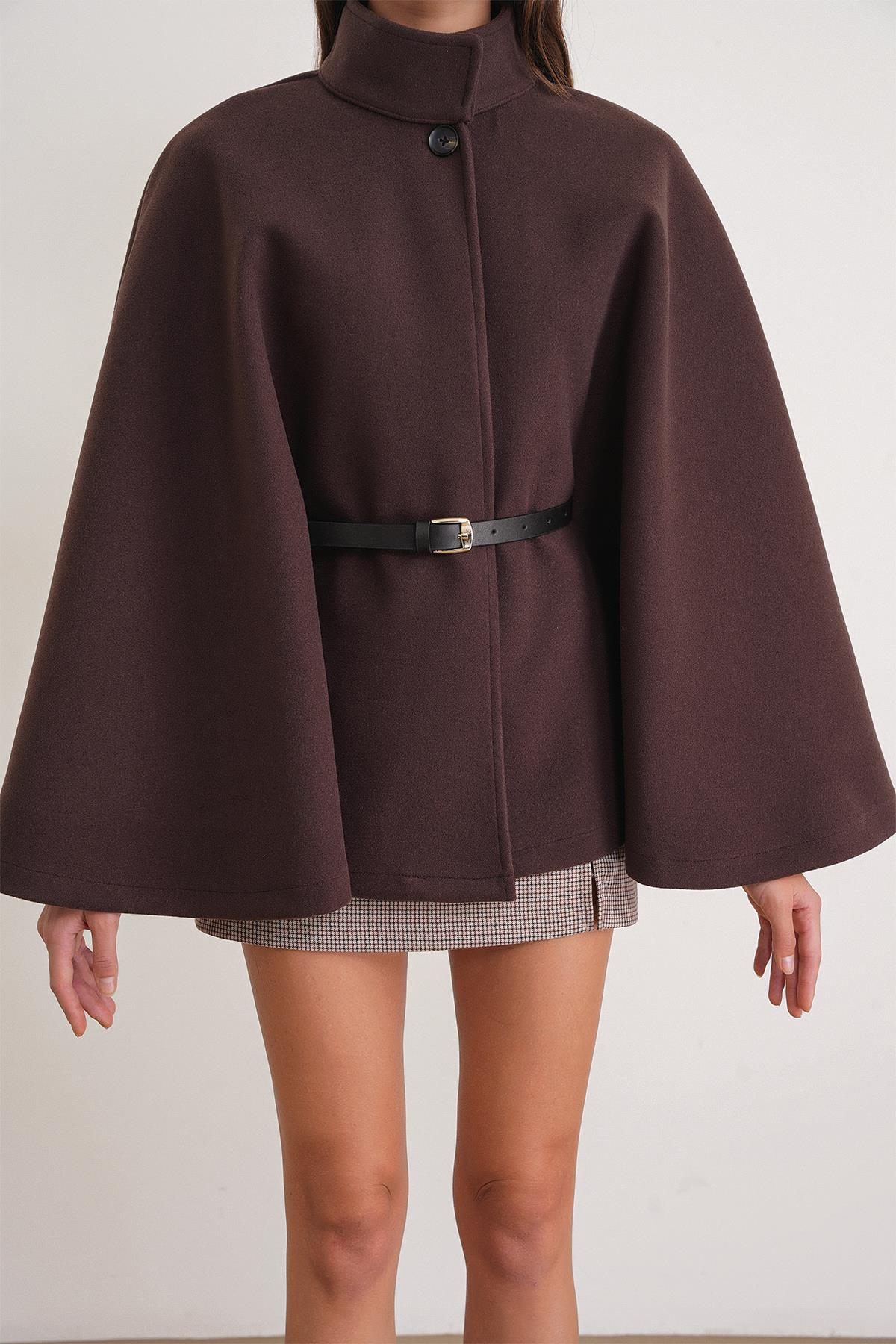 4768 Kadın Kemerli Panço Premium Kaşe Ceket Kahve