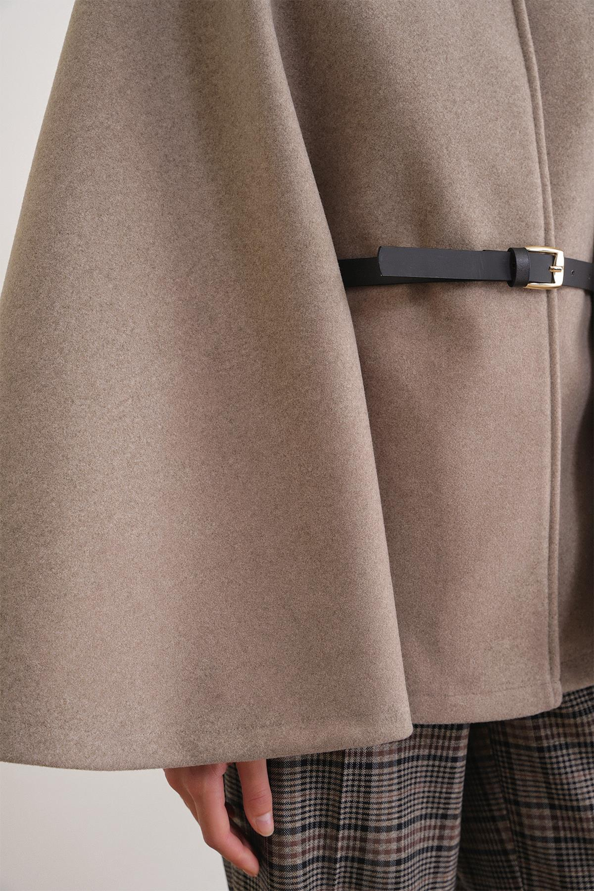 4768 Kadın Kemerli Panço Premium Kaşe Ceket Vizon