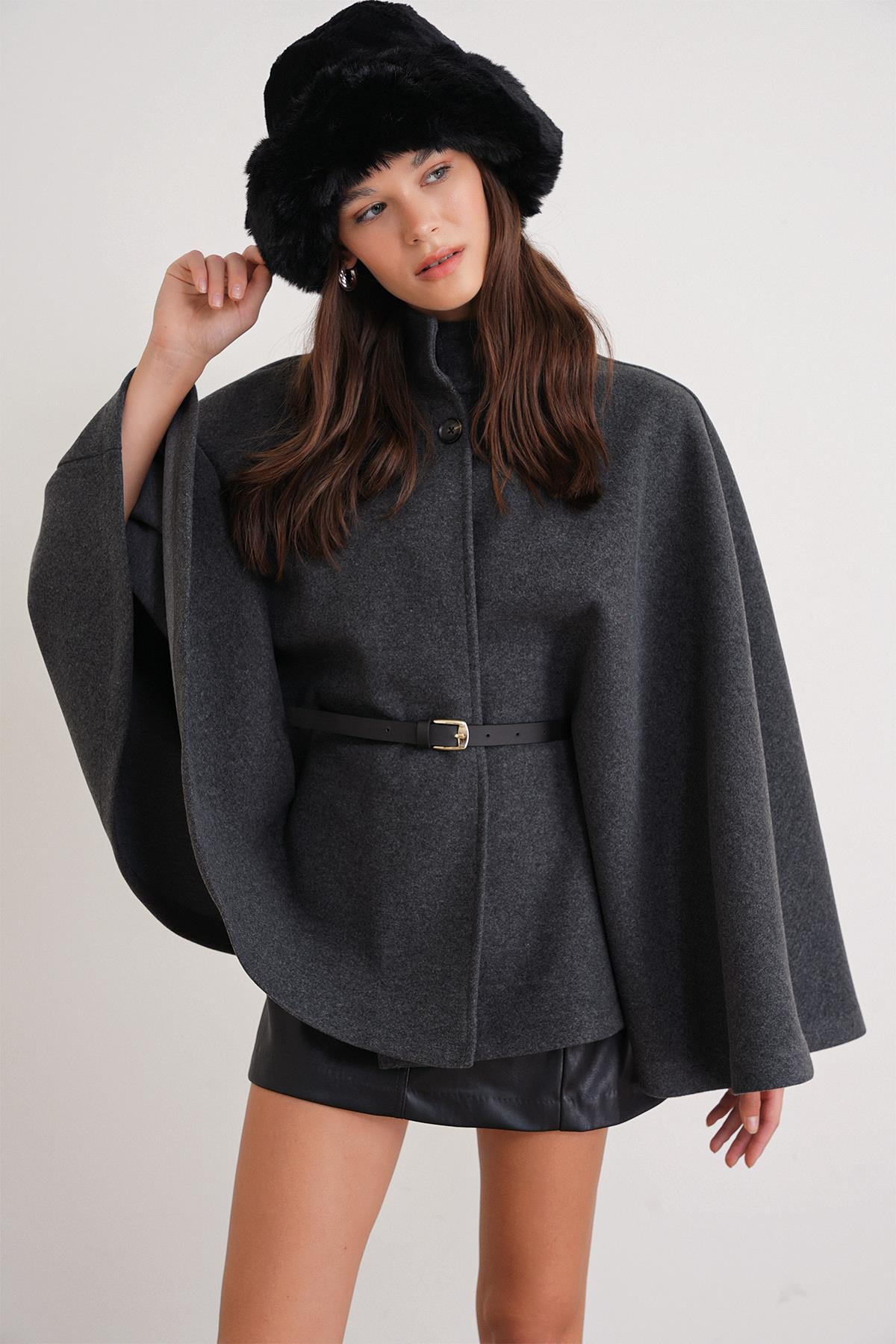 4768 Kadın Kemerli Panço Premium Kaşe Ceket Antrasit