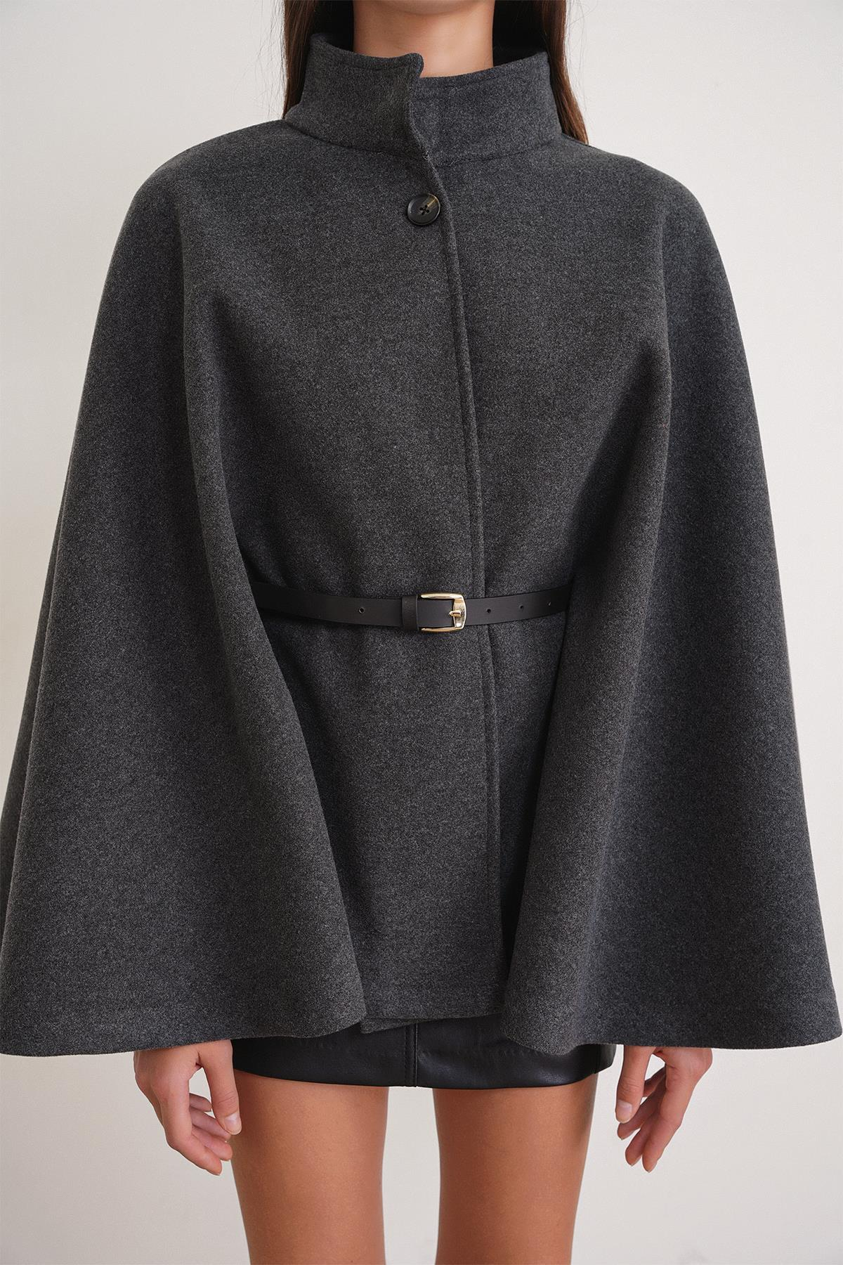 4768 Kadın Kemerli Panço Premium Kaşe Ceket Antrasit