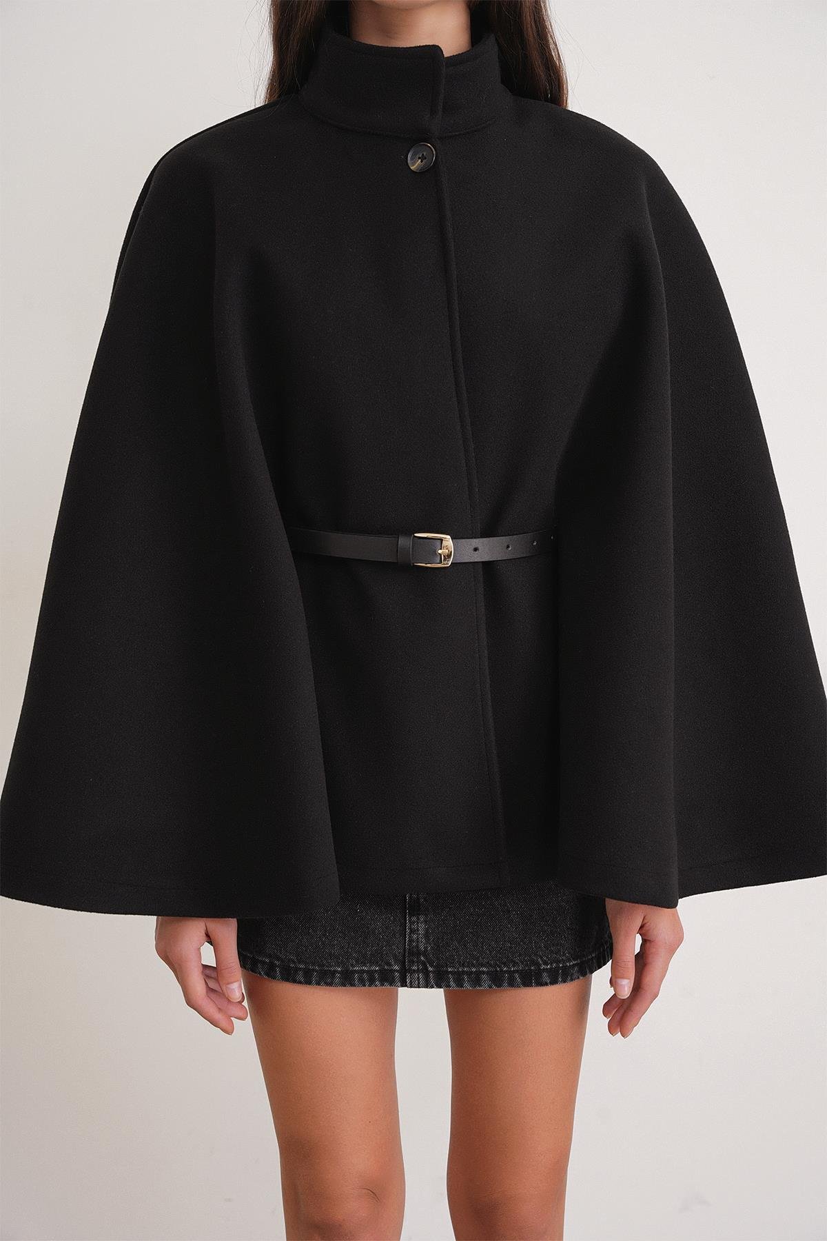 4768 Kadın Kemerli Panço Premium Kaşe Ceket Siyah