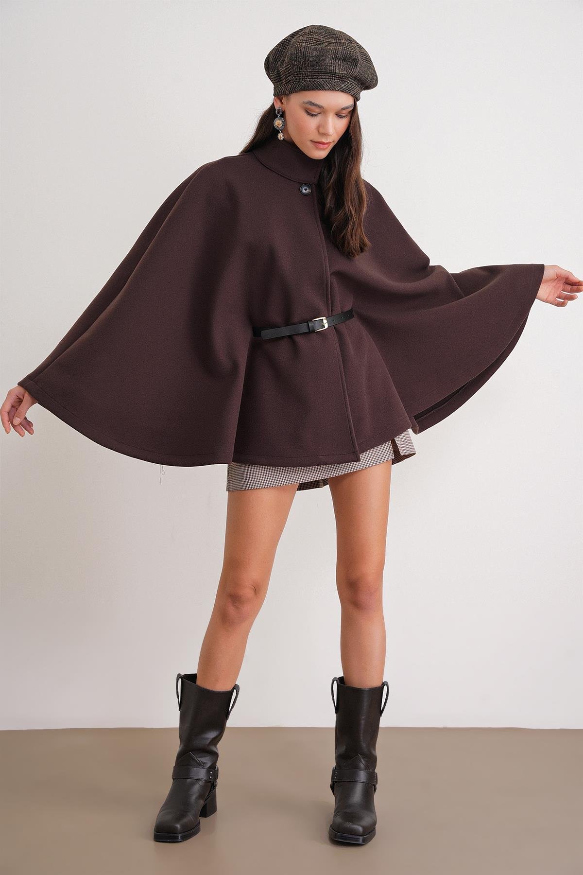 4768 Kadın Kemerli Panço Premium Kaşe Ceket Kahve