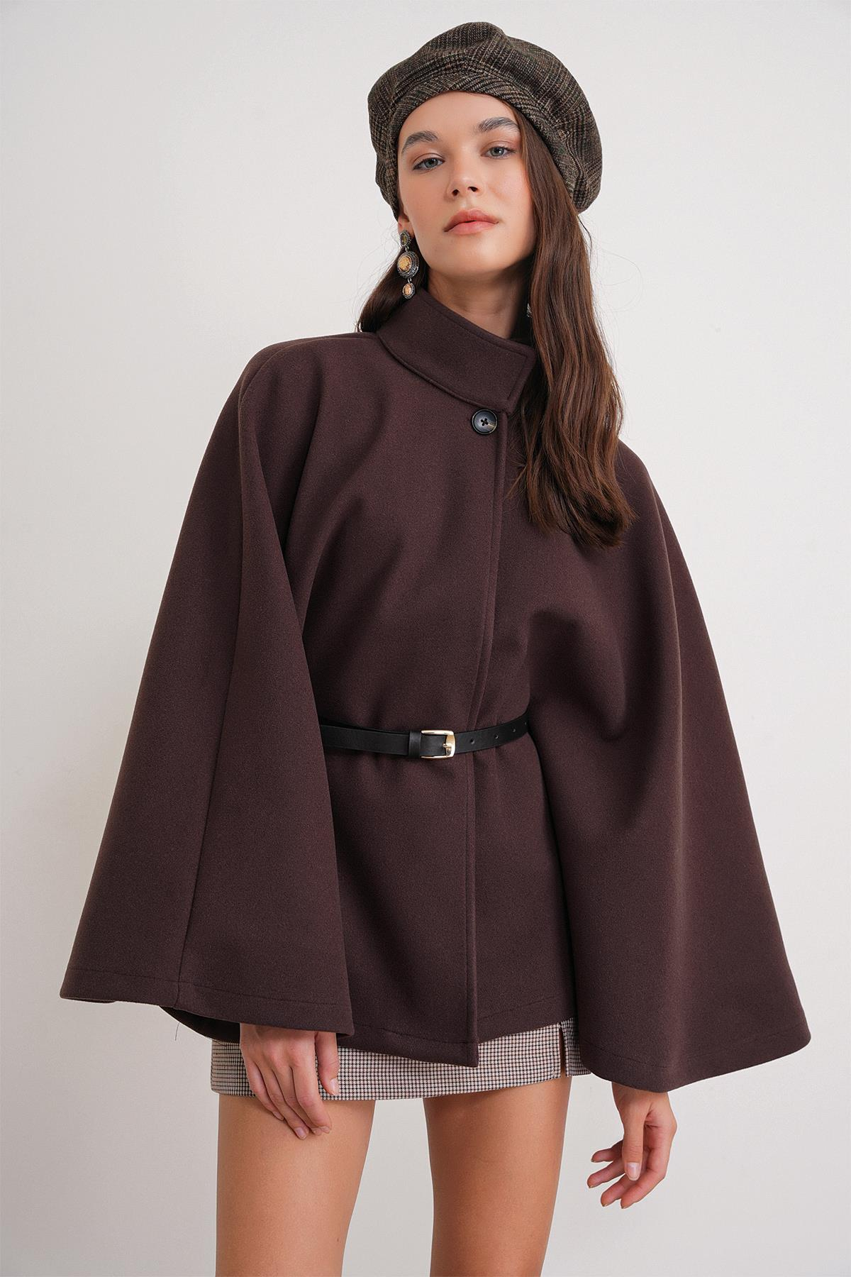 4768 Kadın Kemerli Panço Premium Kaşe Ceket Kahve