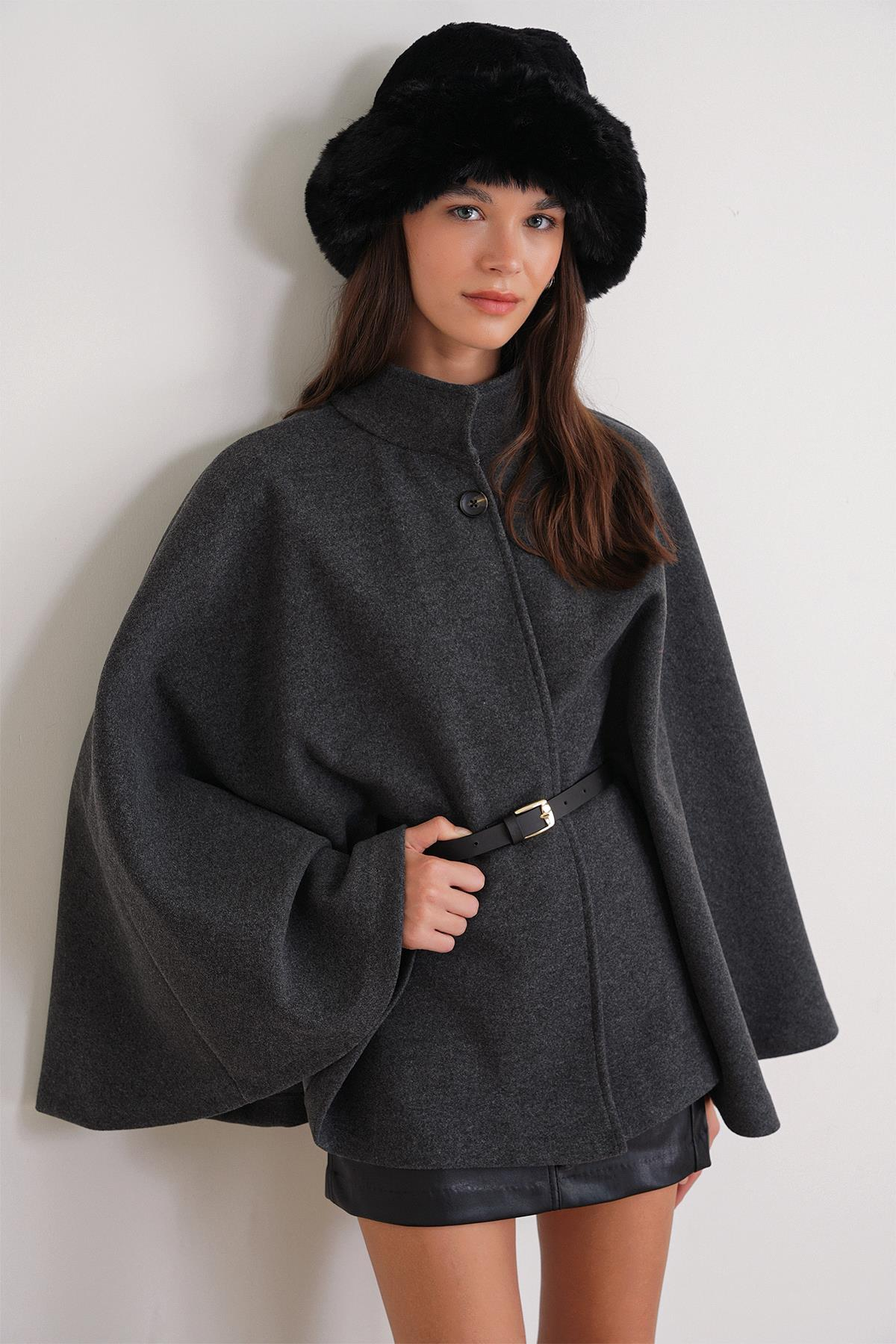 4768 Kadın Kemerli Panço Premium Kaşe Ceket Antrasit