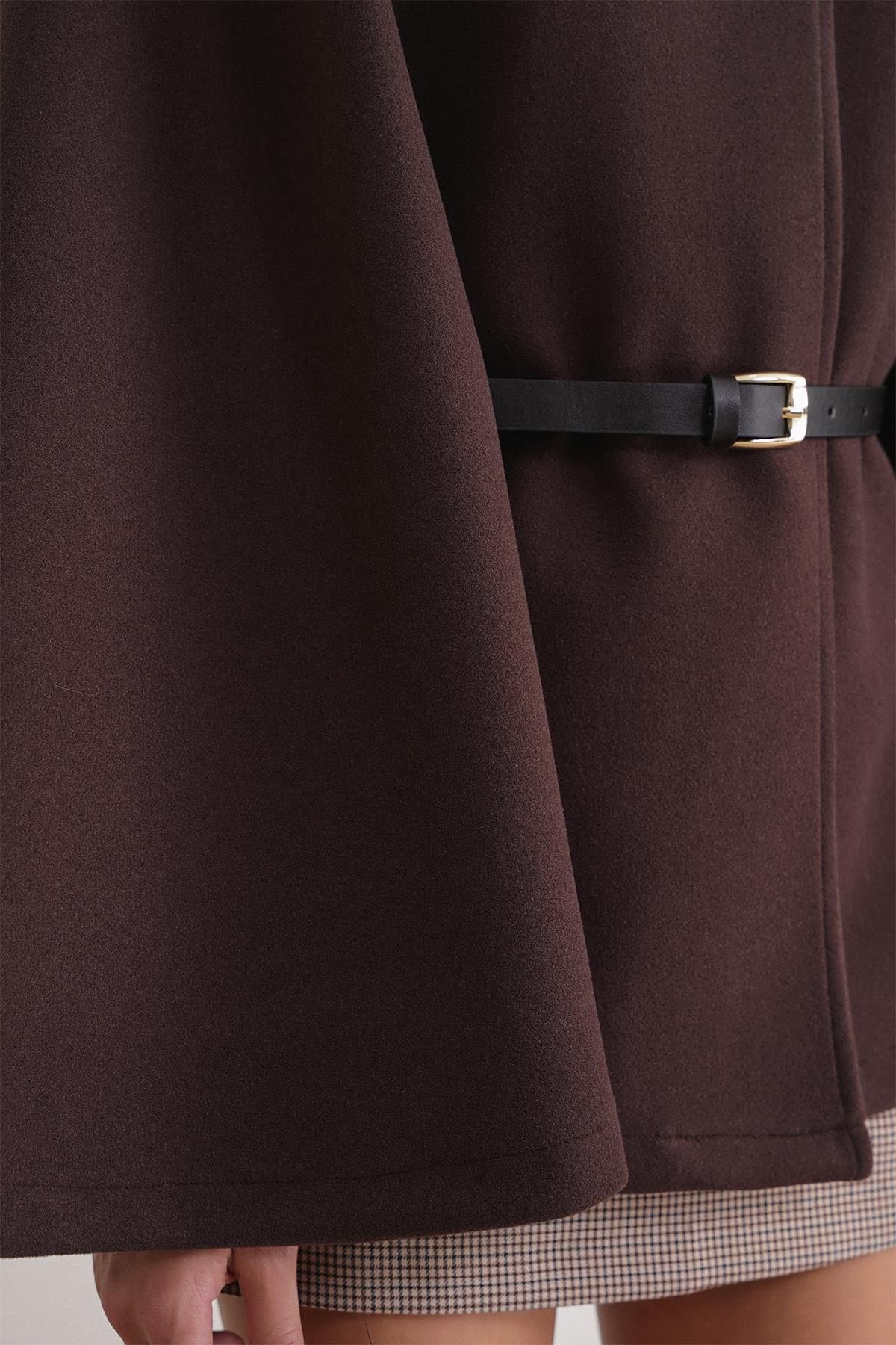 4768 Kadın Kemerli Panço Premium Kaşe Ceket Kahve