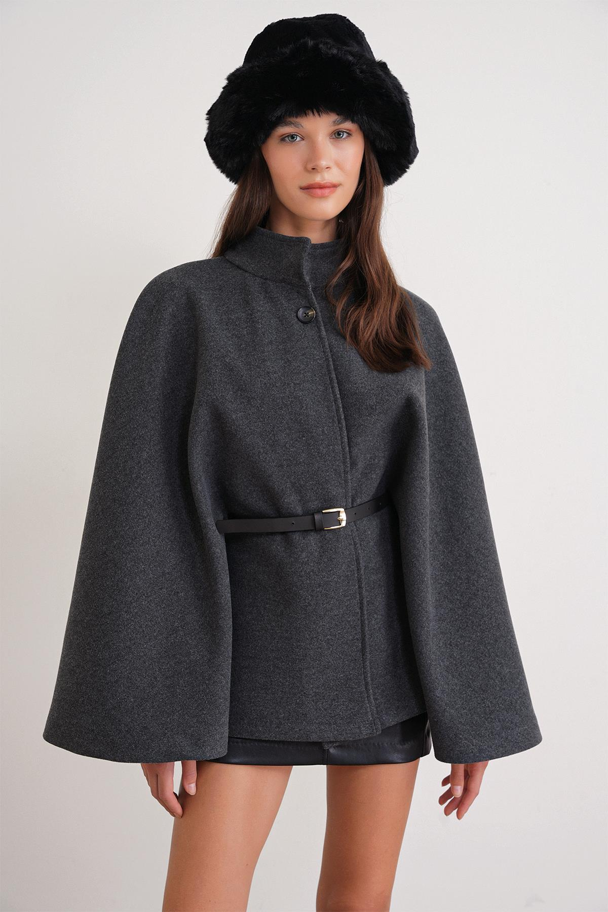 4768 Kadın Kemerli Panço Premium Kaşe Ceket Antrasit