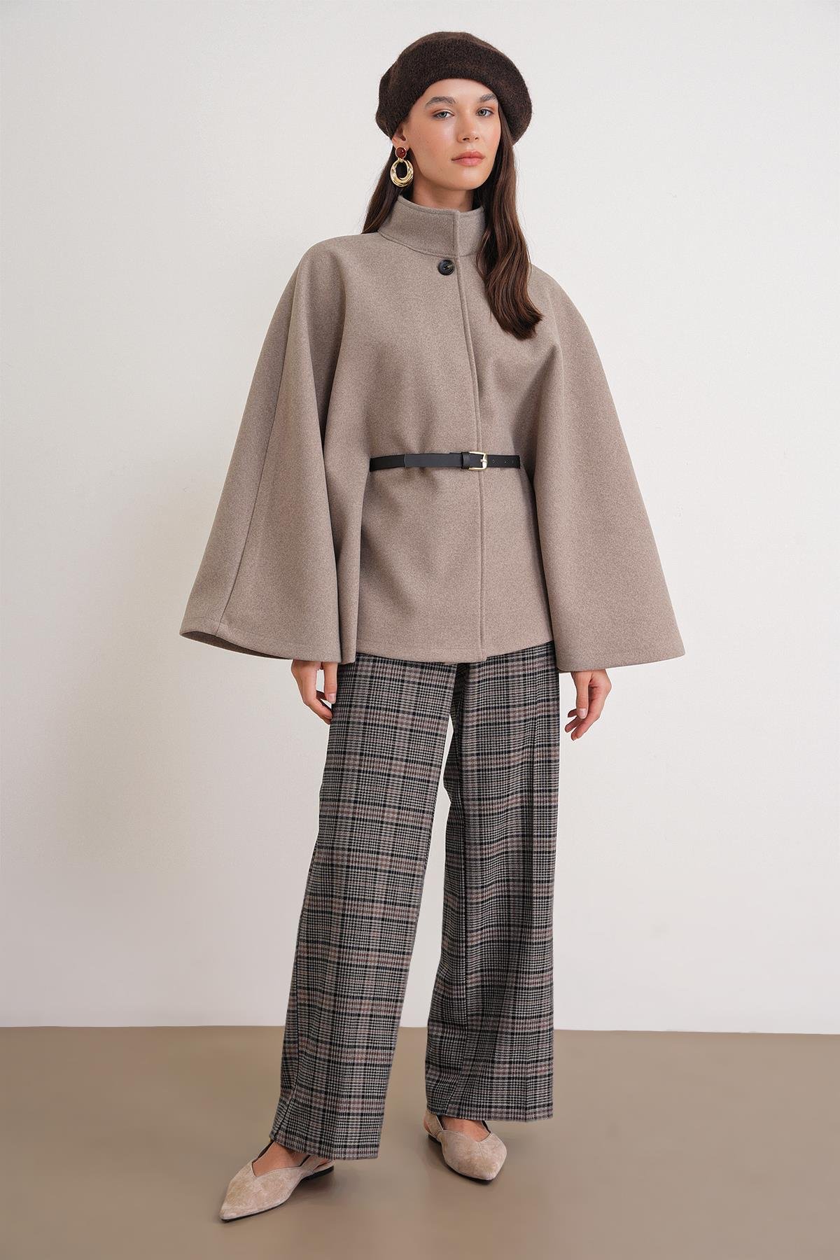 4768 Kadın Kemerli Panço Premium Kaşe Ceket Vizon