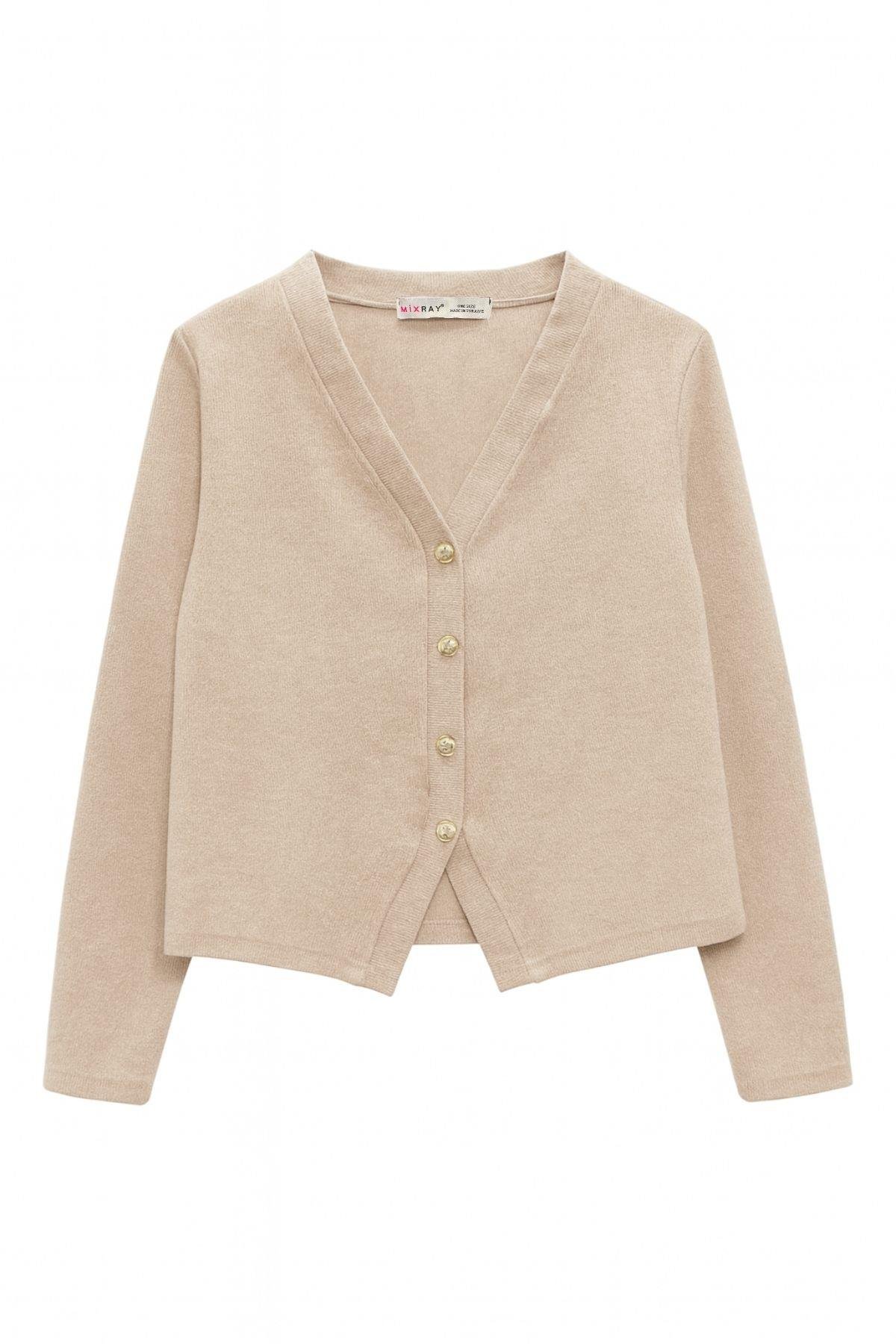 4770 Kadın  Yumuşak Dokulu Düğmeli Hırka Vizon