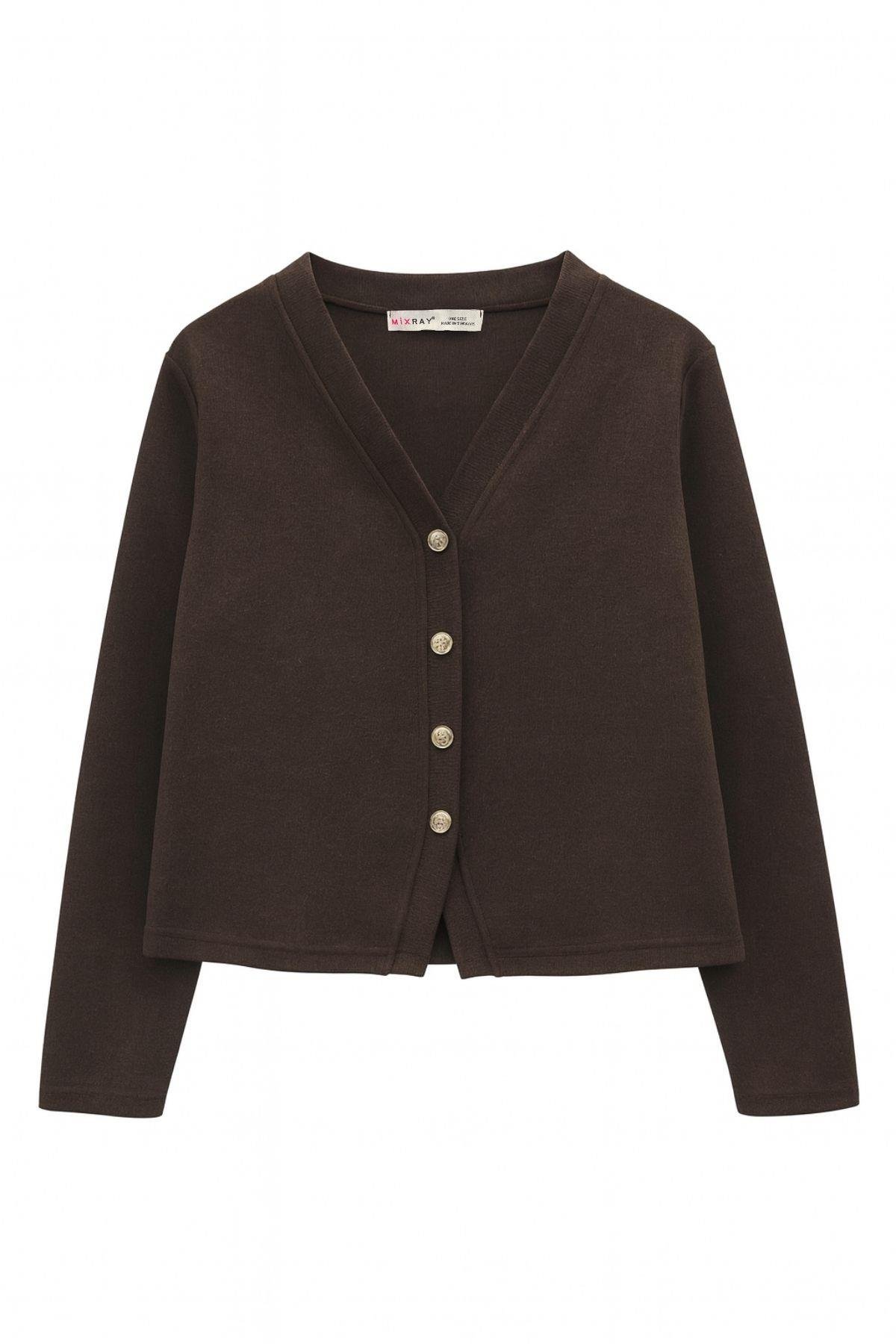 4770 Kadın  Yumuşak Dokulu Düğmeli Hırka Kahve