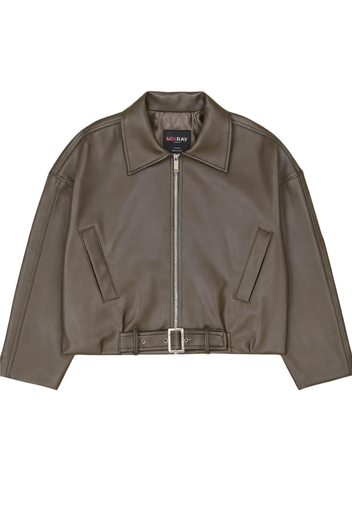 4775 Kadın Bomber Oversize Deri Ceket Haki