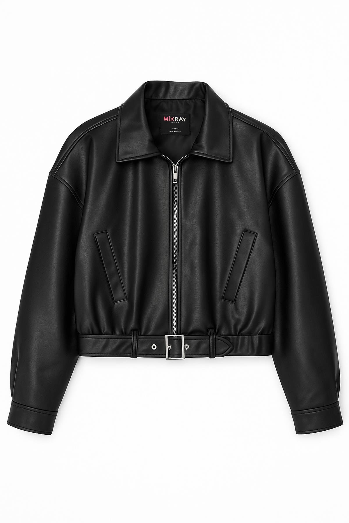 4775 Kadın Bomber Oversize Deri Ceket Siyah