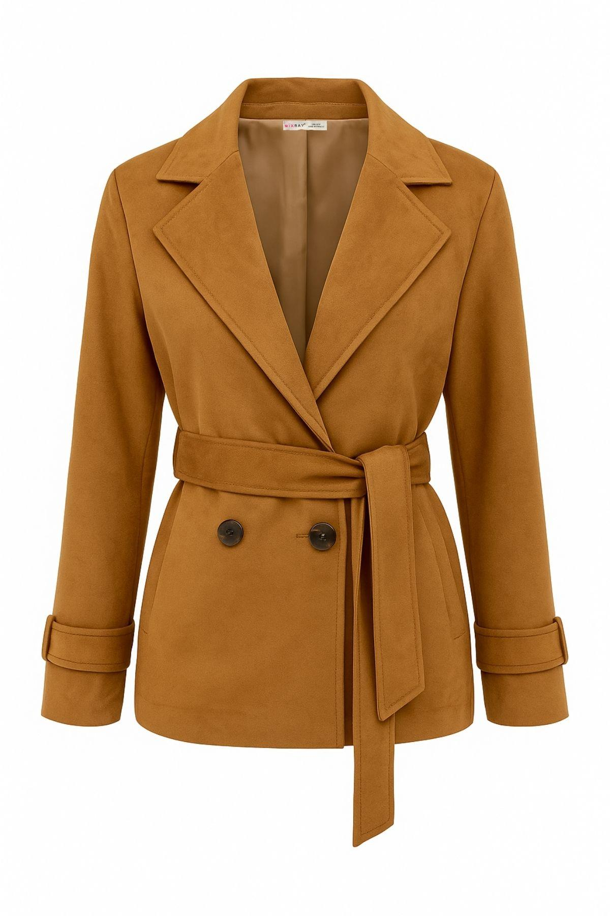 4779 Kadın Kemerli Süet Ceket Camel