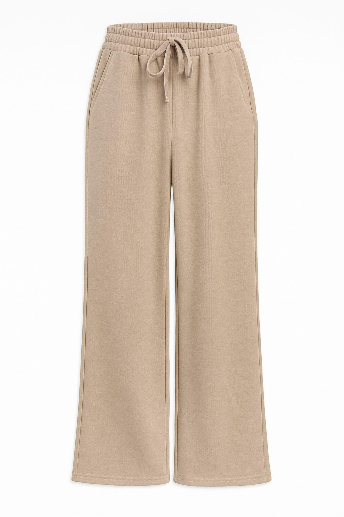 4782 Kadın Beli Lastikli Palazzo Pantolon Vizon