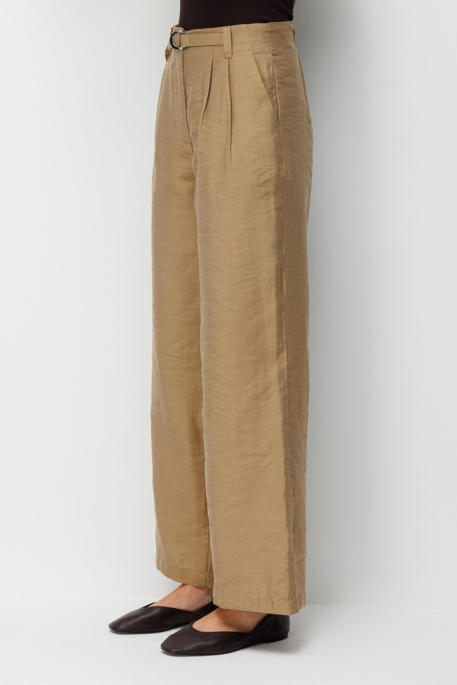 4808 Kadın Toka Detaylı Geniş Paça Pantolon Camel