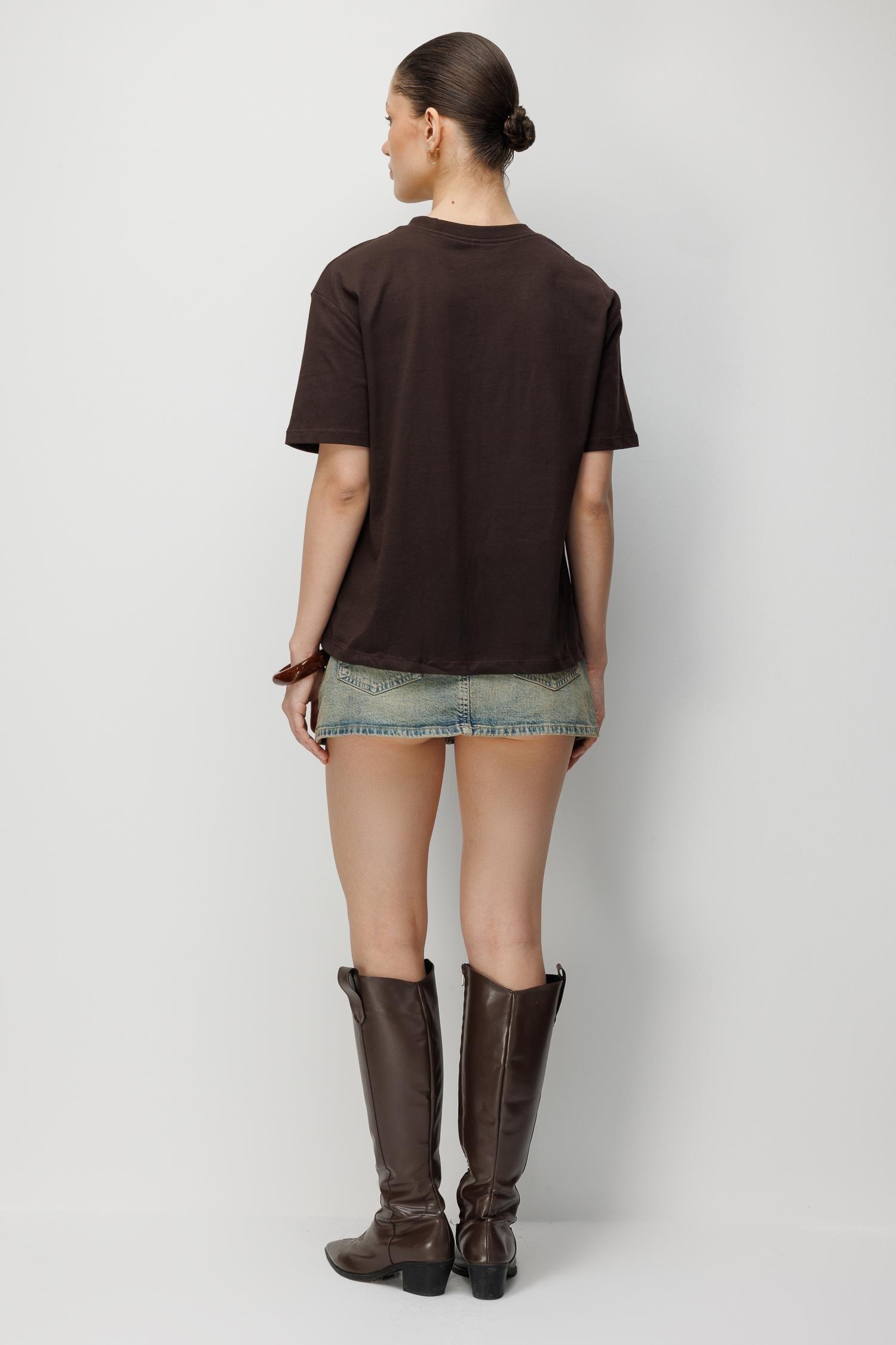 48511 Kadın Oversize Basic %100 Pamuk 2 li T-Shirt Kahve Beyaz