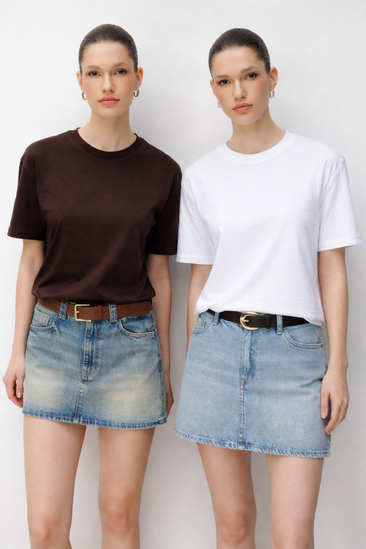 48511 Kadın Oversize Basic %100 Pamuk 2 li T-Shirt Kahve Beyaz