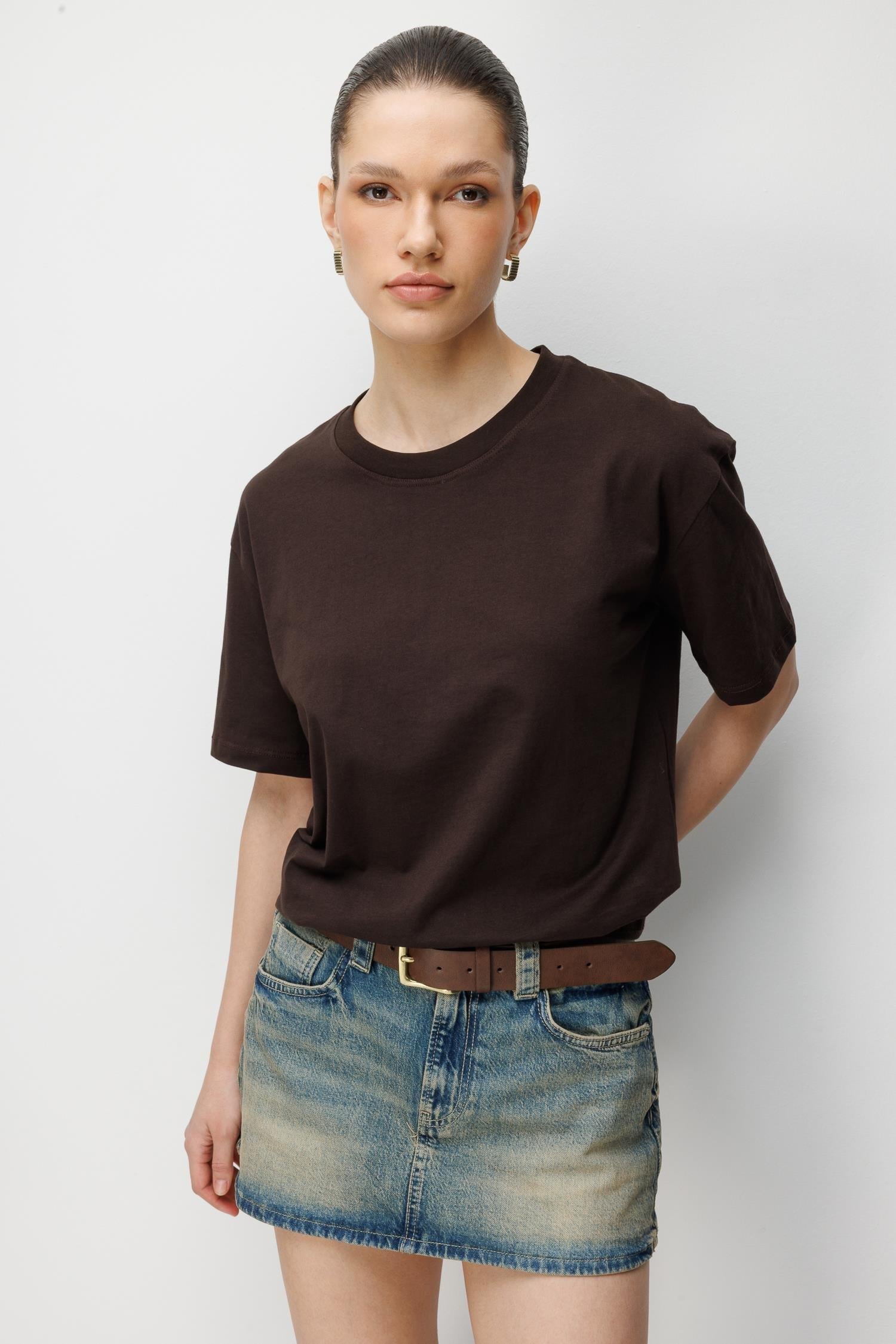 48511 Kadın Oversize Basic %100 Pamuk 2 li T-Shirt Siyah Kahve