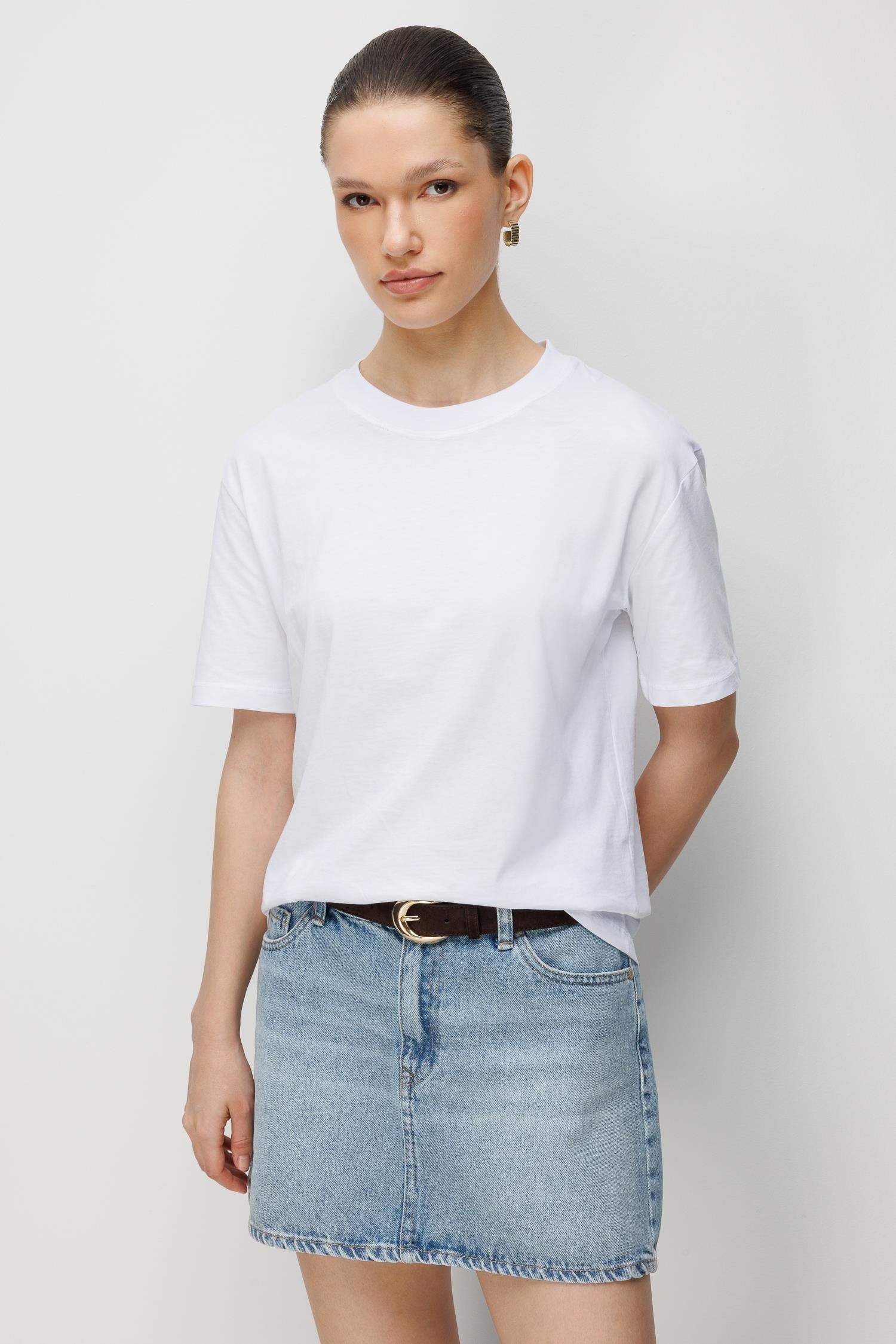 48511 Kadın Oversize Basic %100 Pamuk 2 li T-Shirt Kahve Beyaz