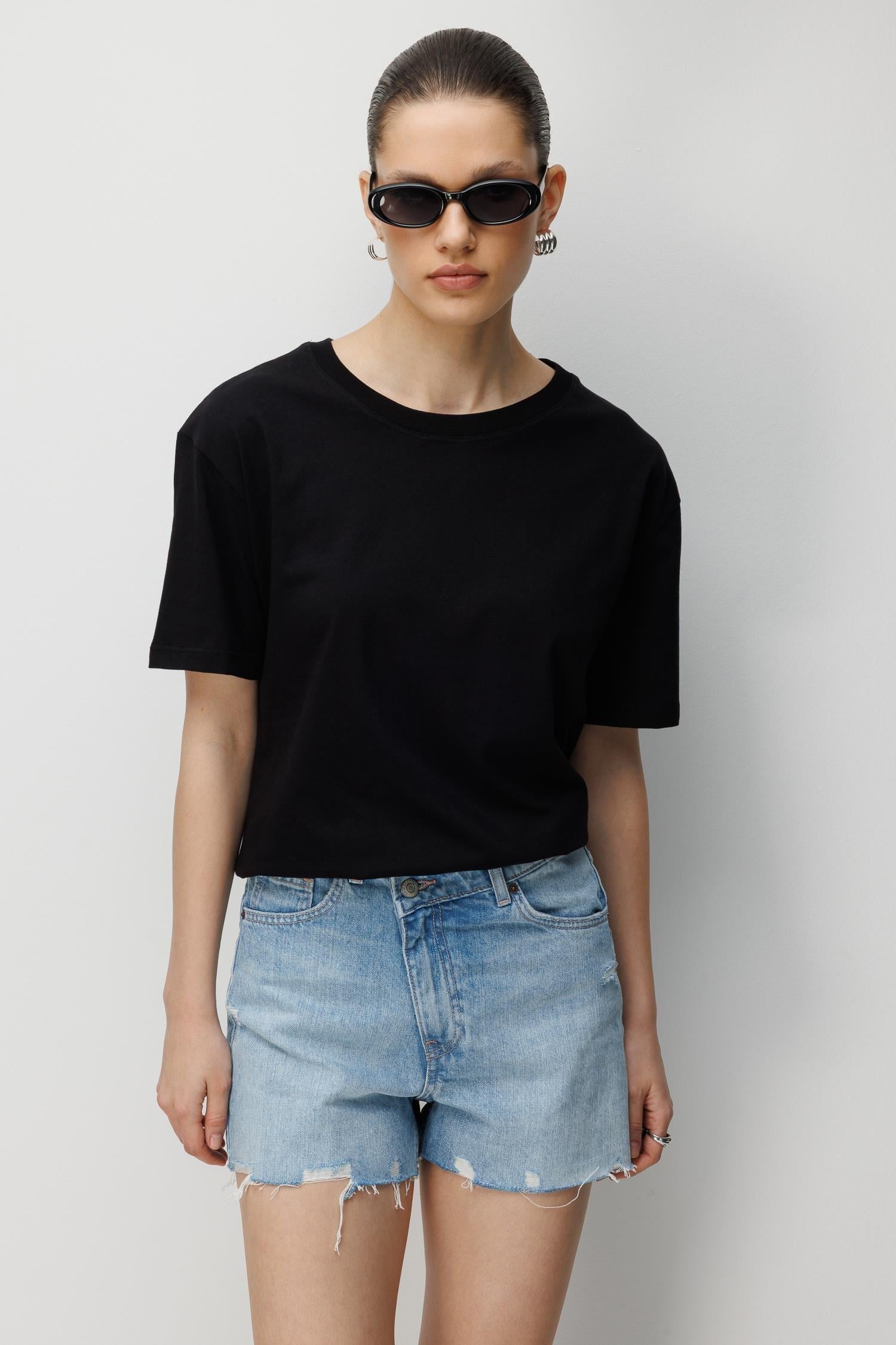 48511 Kadın Oversize Basic %100 Pamuk 2 li T-Shirt Siyah Kahve