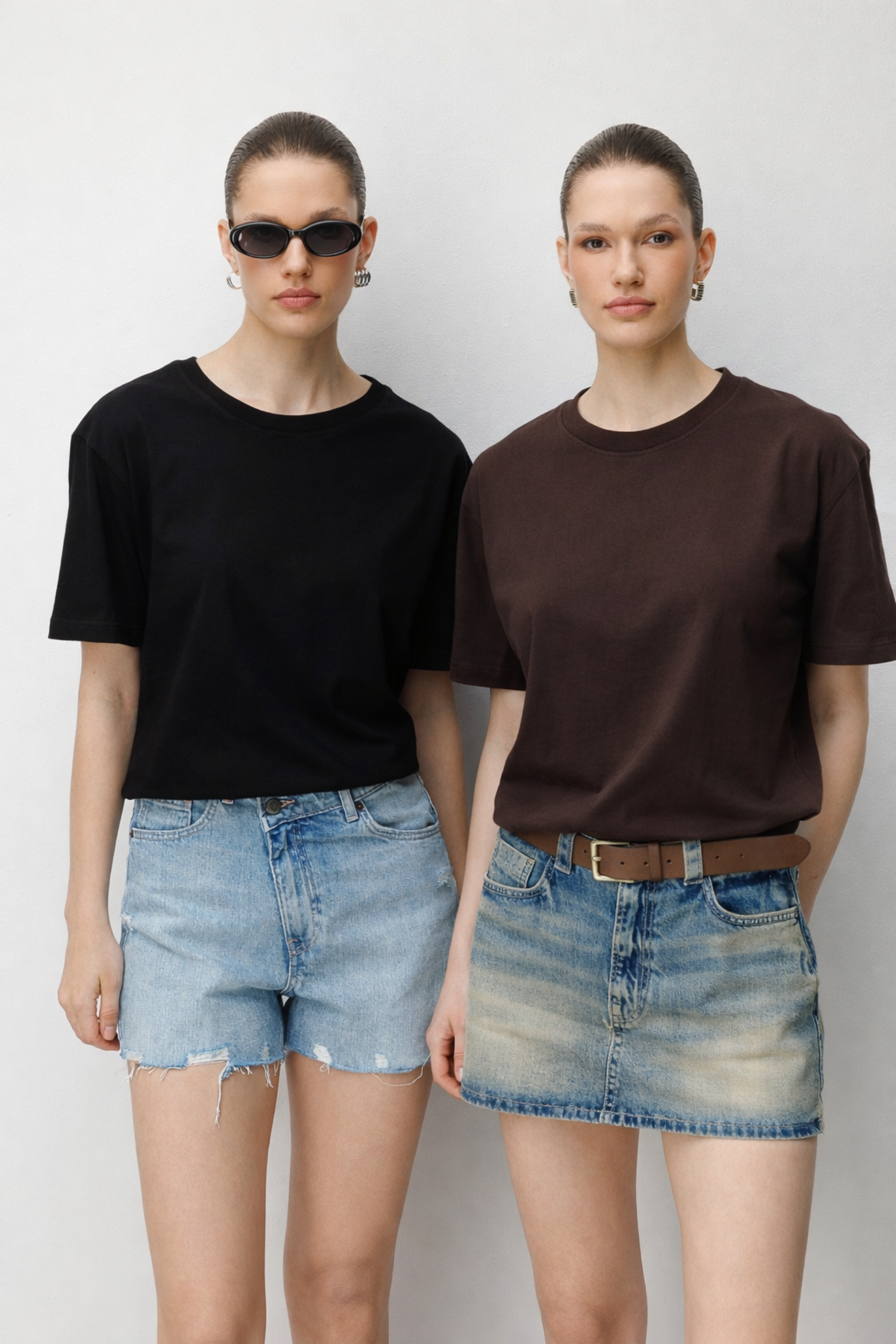 48511 Kadın Oversize Basic %100 Pamuk 2 li T-Shirt Siyah Kahve