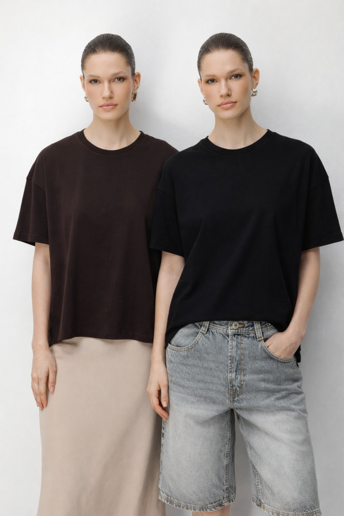 48522 Kadın Yırtmaçlı Oversize Basic %100 Pamuk 2`li T-Shirt Kahve Siyah