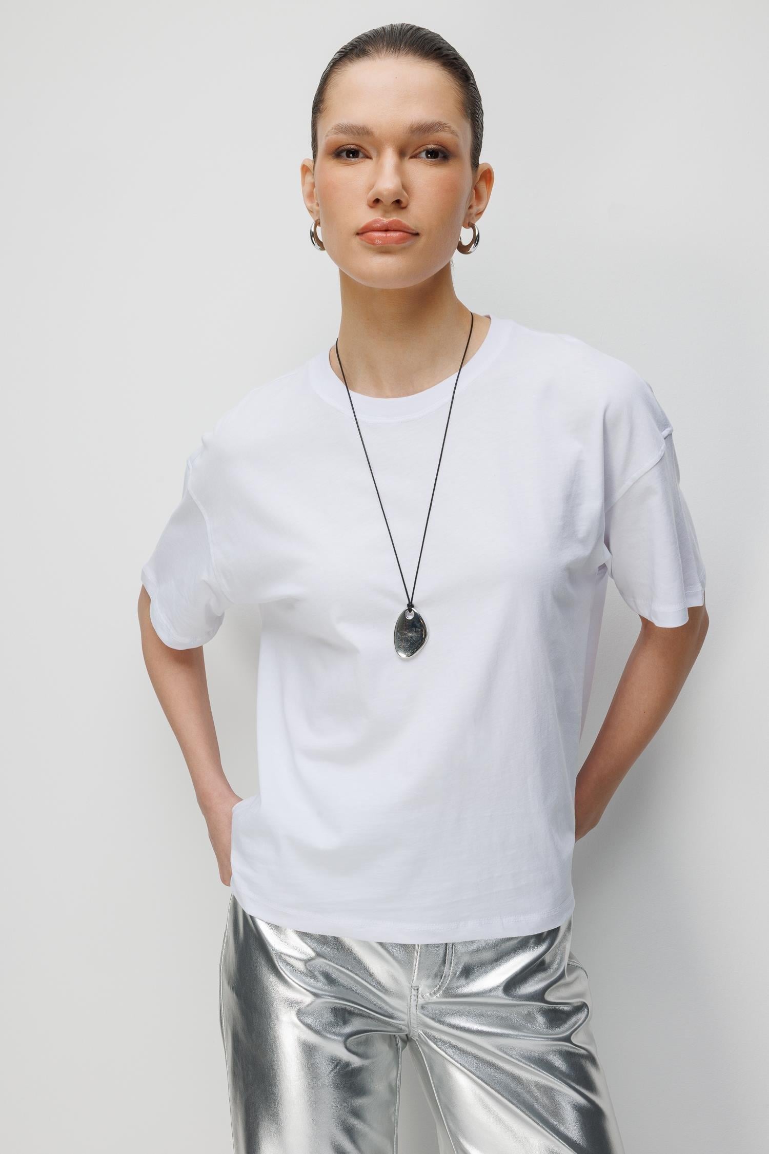 48522 Kadın Yırtmaçlı Oversize Basic %100 Pamuk 2`li T-Shirt Beyaz Siyah
