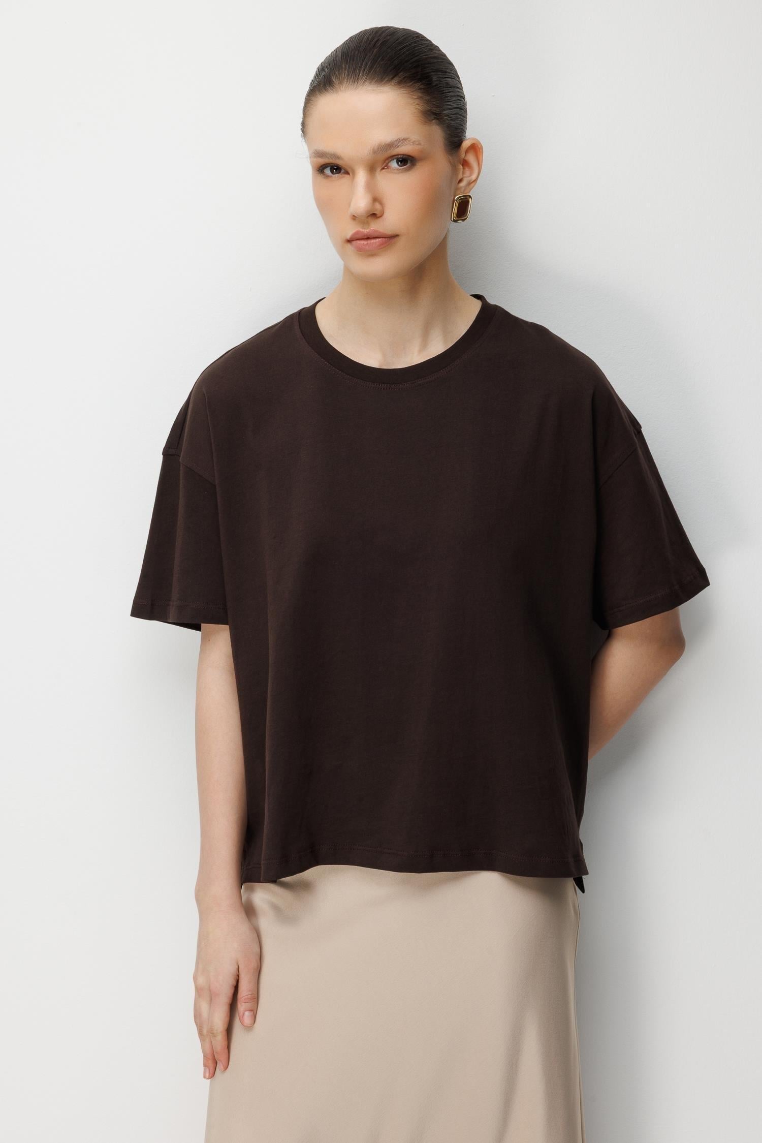 48522 Kadın Yırtmaçlı Oversize Basic %100 Pamuk 2`li T-Shirt Kahve Beyaz