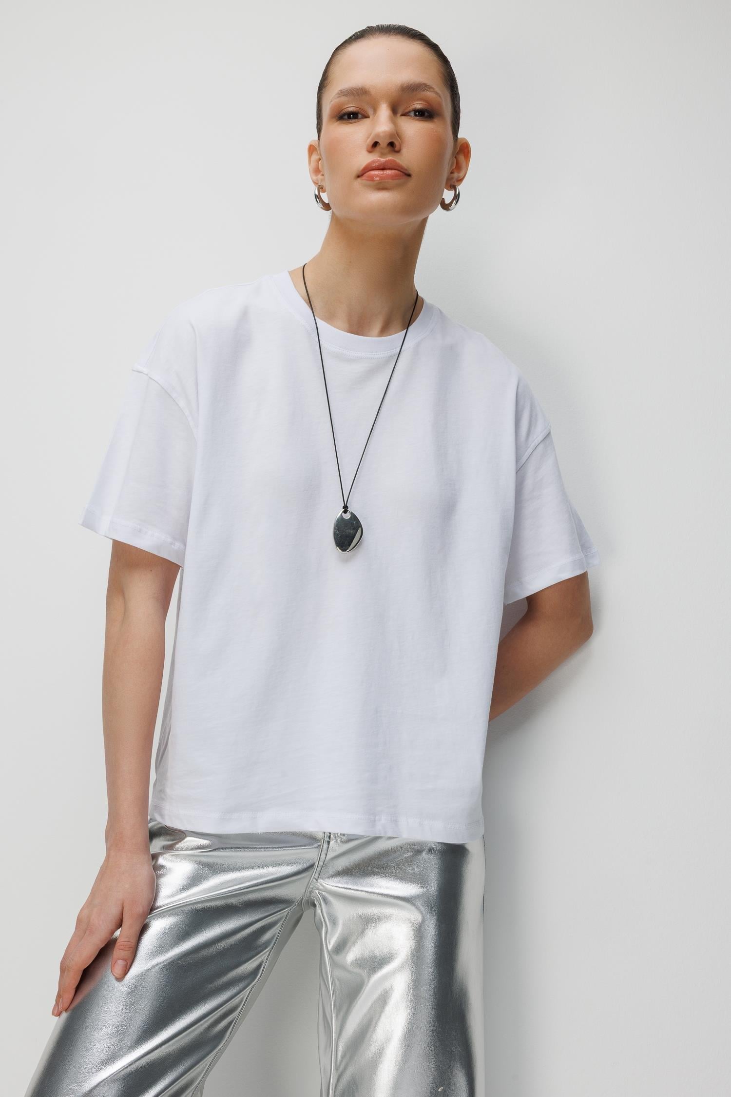 48522 Kadın Yırtmaçlı Oversize Basic %100 Pamuk 2`li T-Shirt Kahve Beyaz