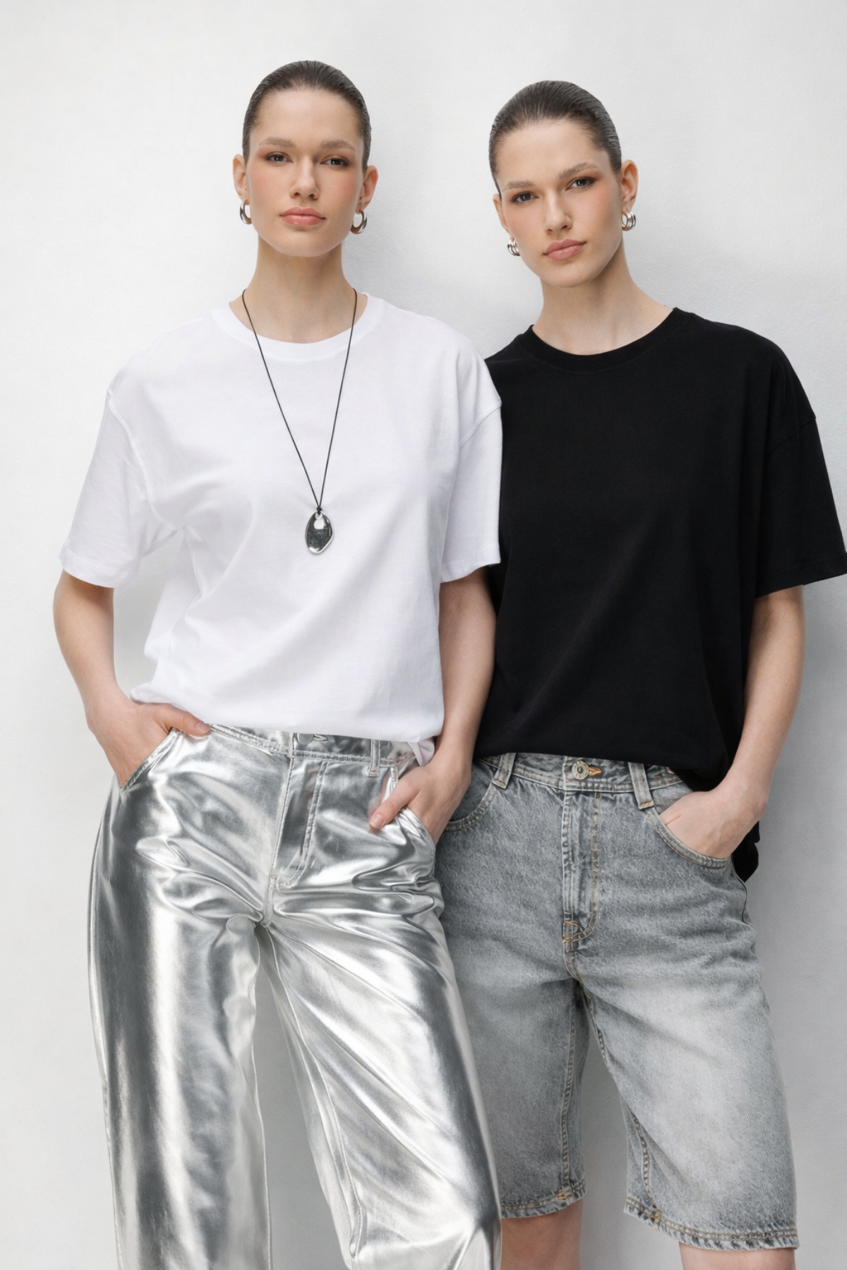 48522 Kadın Yırtmaçlı Oversize Basic %100 Pamuk 2`li T-Shirt Beyaz Siyah