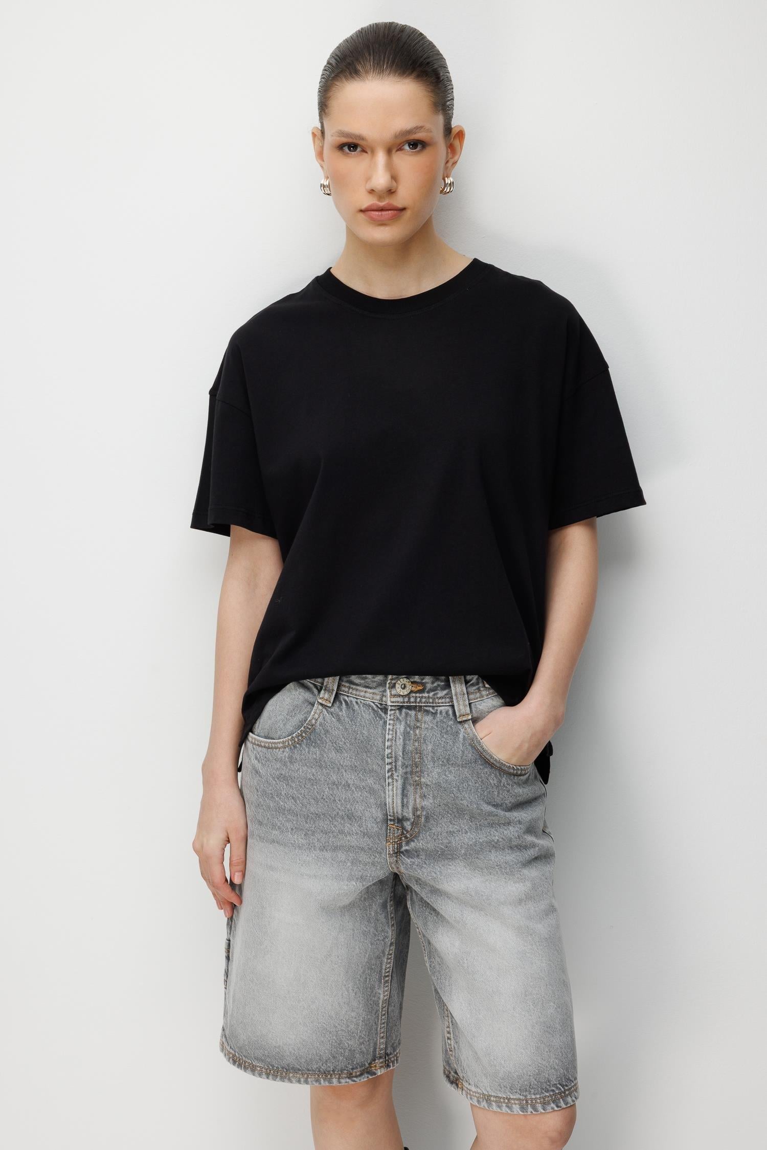 48522 Kadın Yırtmaçlı Oversize Basic %100 Pamuk 2`li T-Shirt Beyaz Siyah