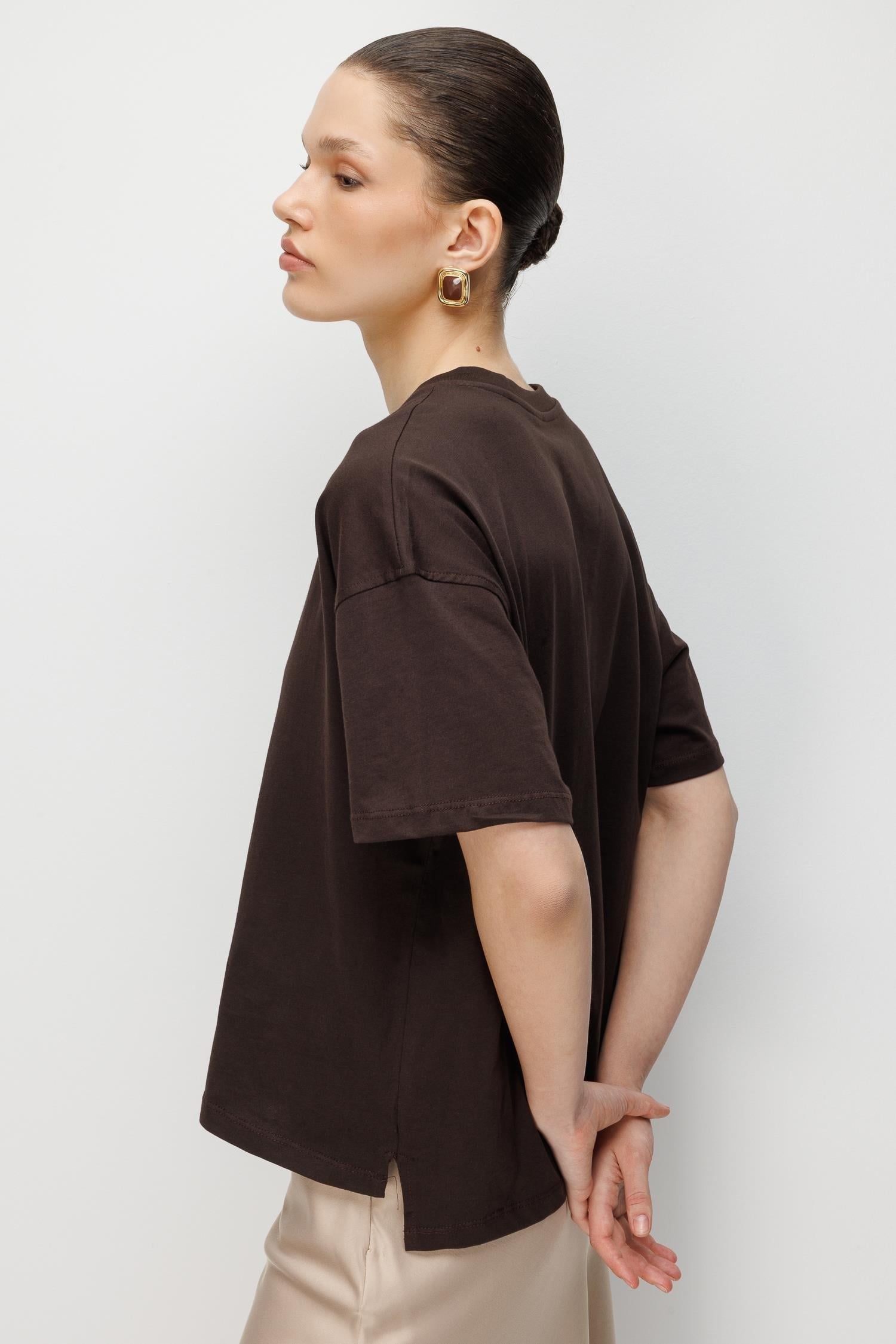 48522 Kadın Yırtmaçlı Oversize Basic %100 Pamuk 2`li T-Shirt Kahve Beyaz