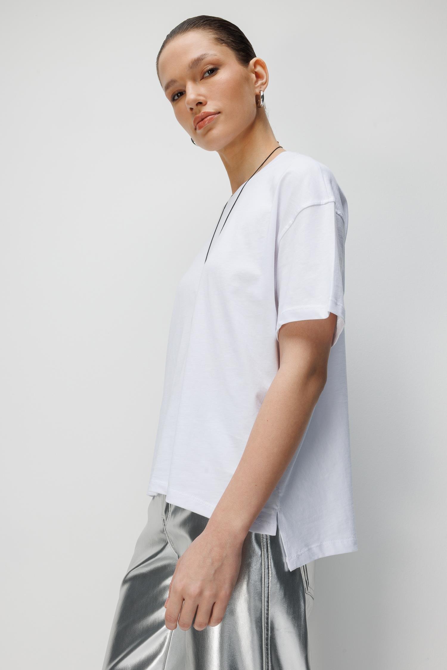 48522 Kadın Yırtmaçlı Oversize Basic %100 Pamuk 2`li T-Shirt Beyaz Siyah
