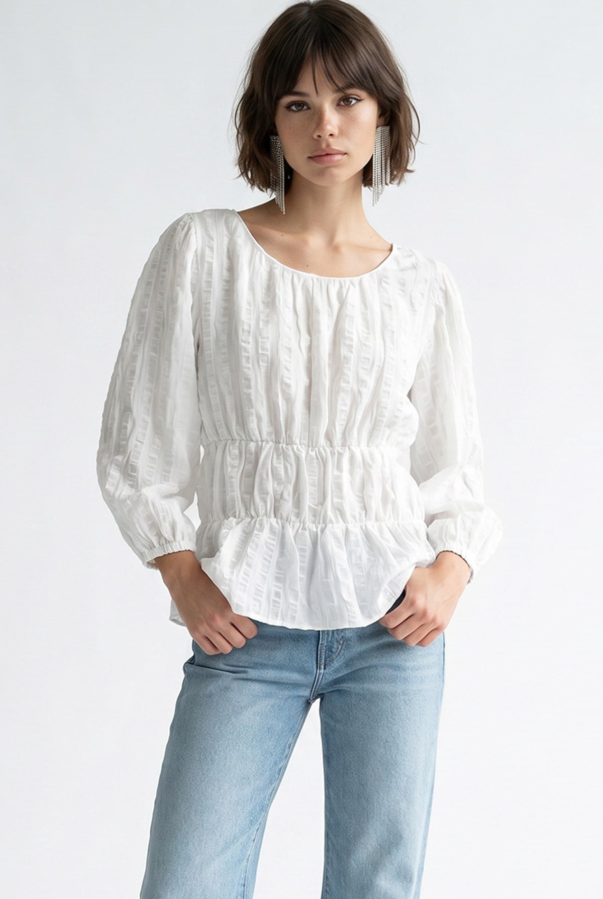 4873 Kadın Büzgü Detaylı Balon Kol Peplum Bluz Ekru