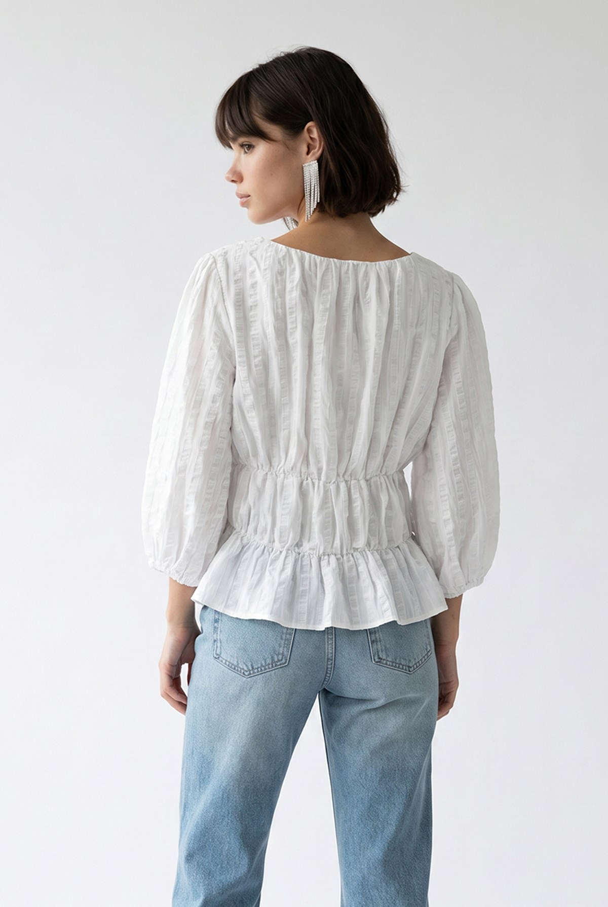 4873 Kadın Büzgü Detaylı Balon Kol Peplum Bluz Ekru