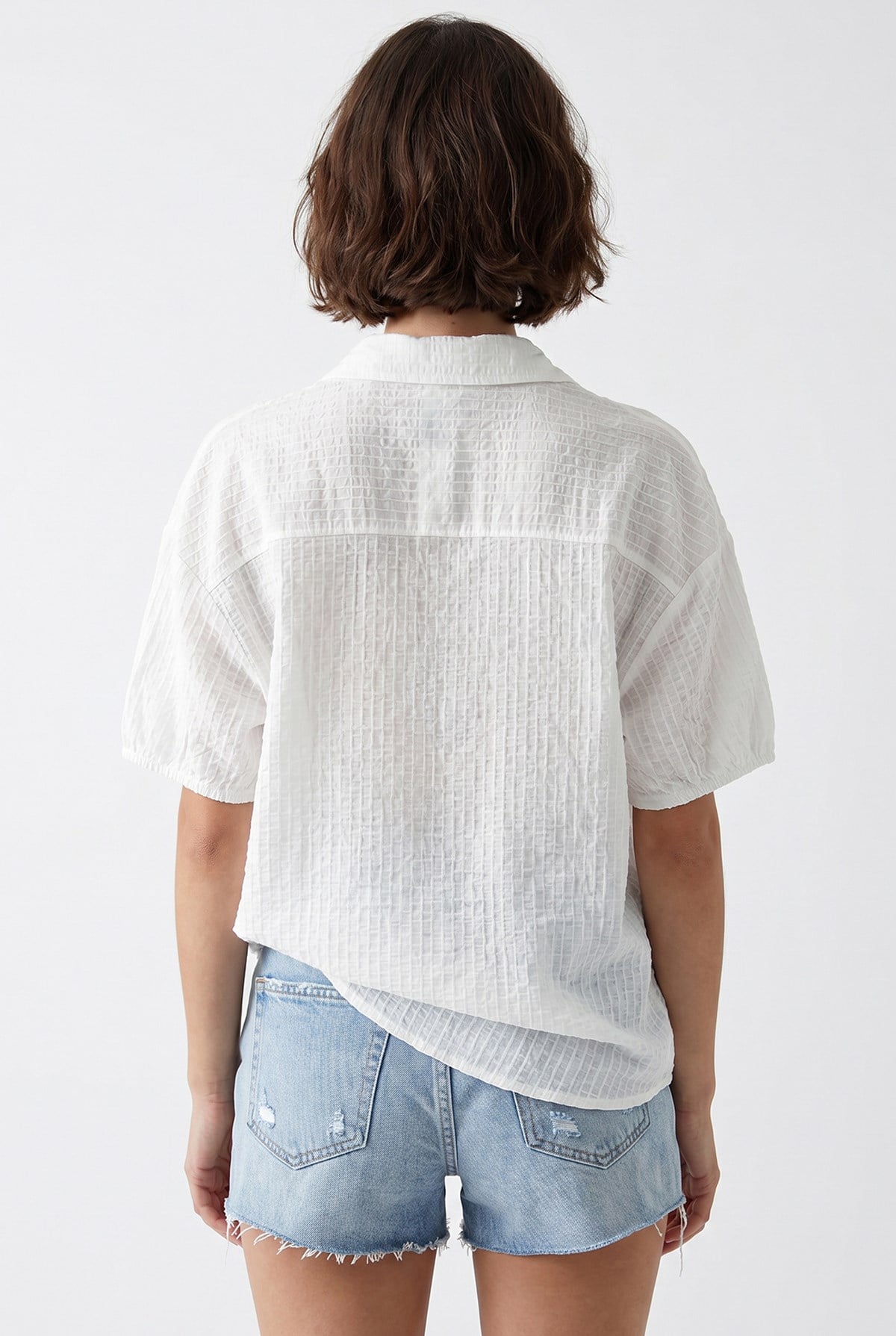 4901 Kadın Polo Yaka Yarım Patlı Kraş Dokulu Crop Bluz Ekru