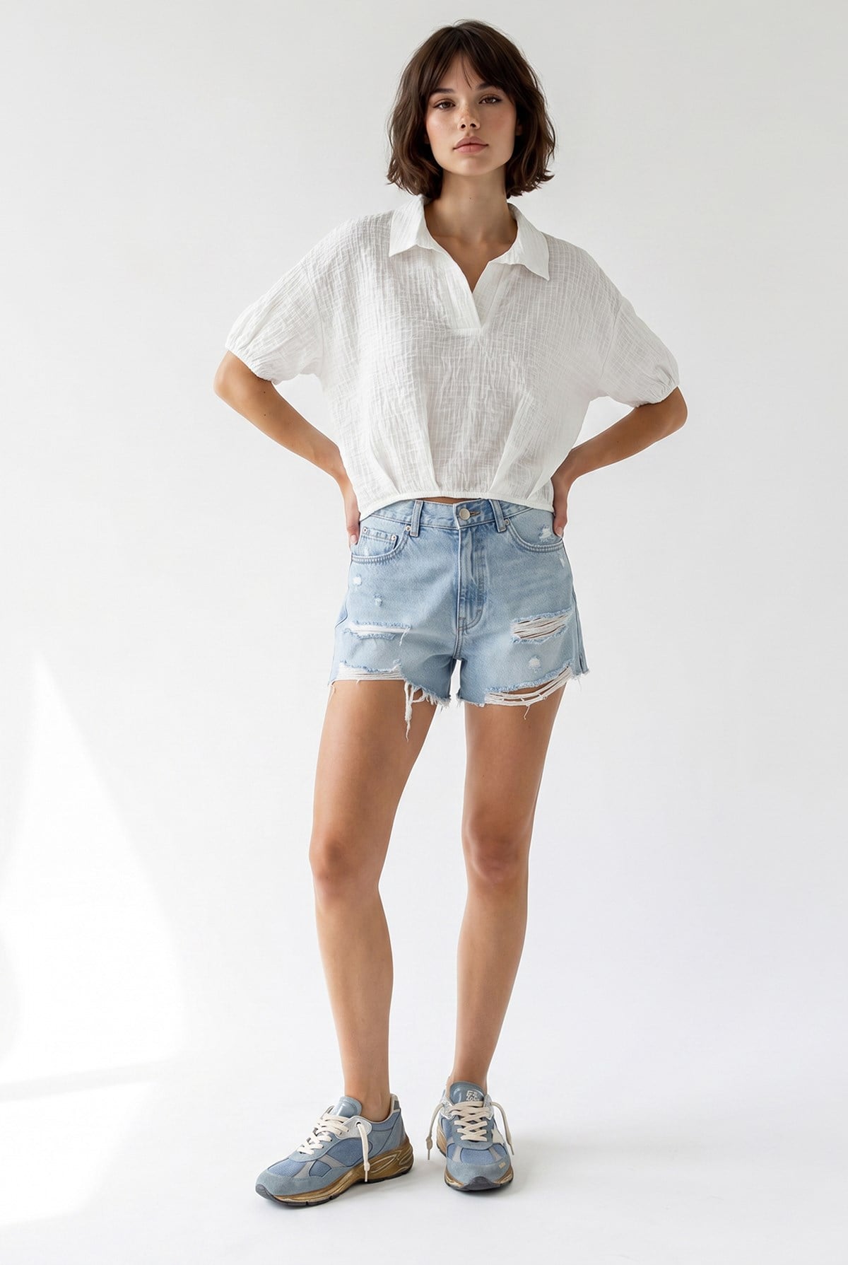 4901 Kadın Polo Yaka Yarım Patlı Kraş Dokulu Crop Bluz Ekru