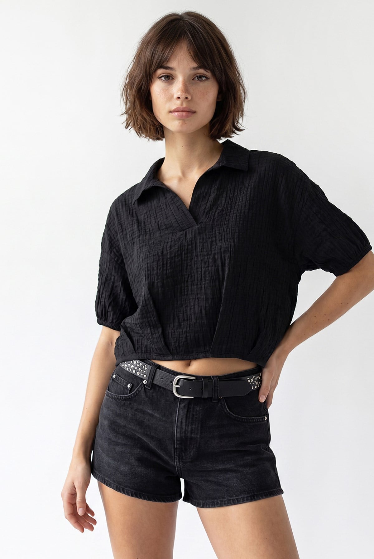 4901 Kadın Polo Yaka Yarım Patlı Kraş Dokulu Crop Bluz Siyah