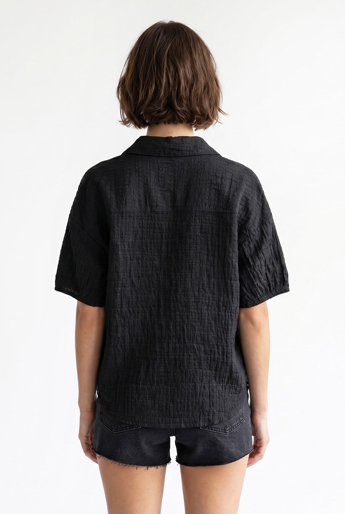 4901 Kadın Polo Yaka Yarım Patlı Kraş Dokulu Crop Bluz Siyah