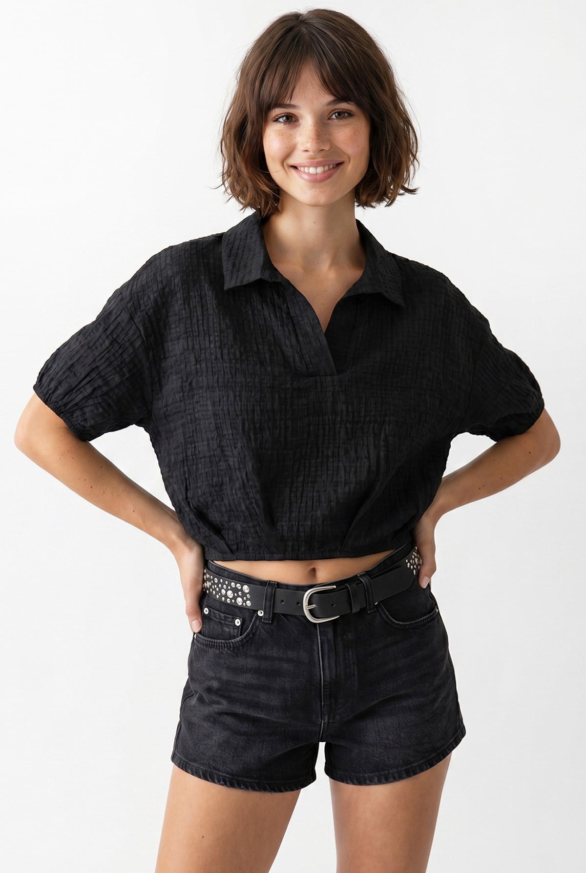 4901 Kadın Polo Yaka Yarım Patlı Kraş Dokulu Crop Bluz Siyah