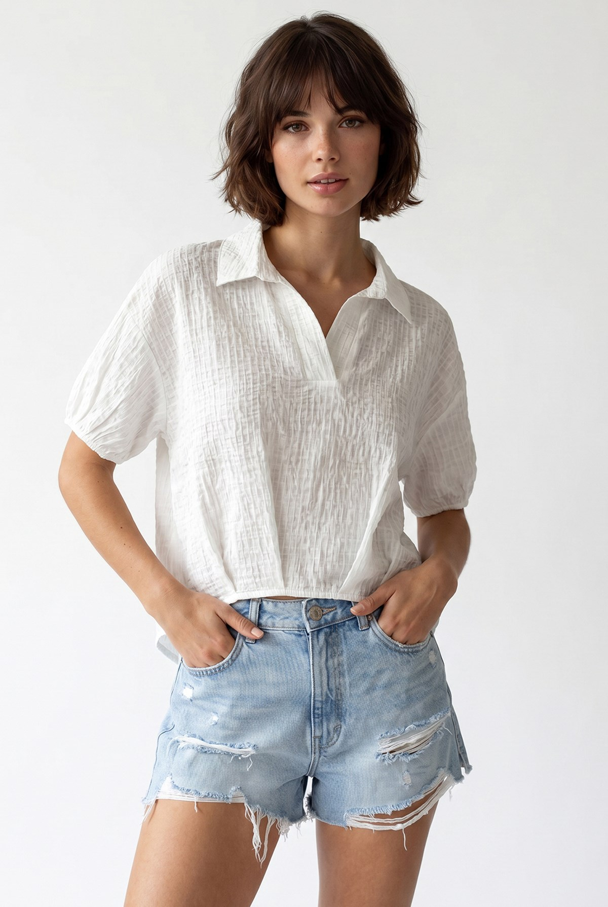 4901 Kadın Polo Yaka Yarım Patlı Kraş Dokulu Crop Bluz Ekru
