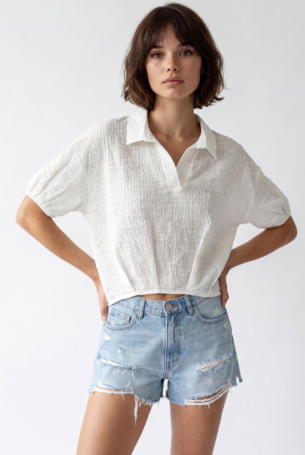4901 Kadın Polo Yaka Yarım Patlı Kraş Dokulu Crop Bluz Ekru