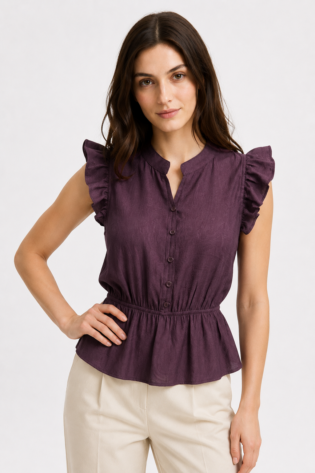 4921 Kadın Volanlı Hakim Yaka Jakarlı Peplum Bluz Mürdüm