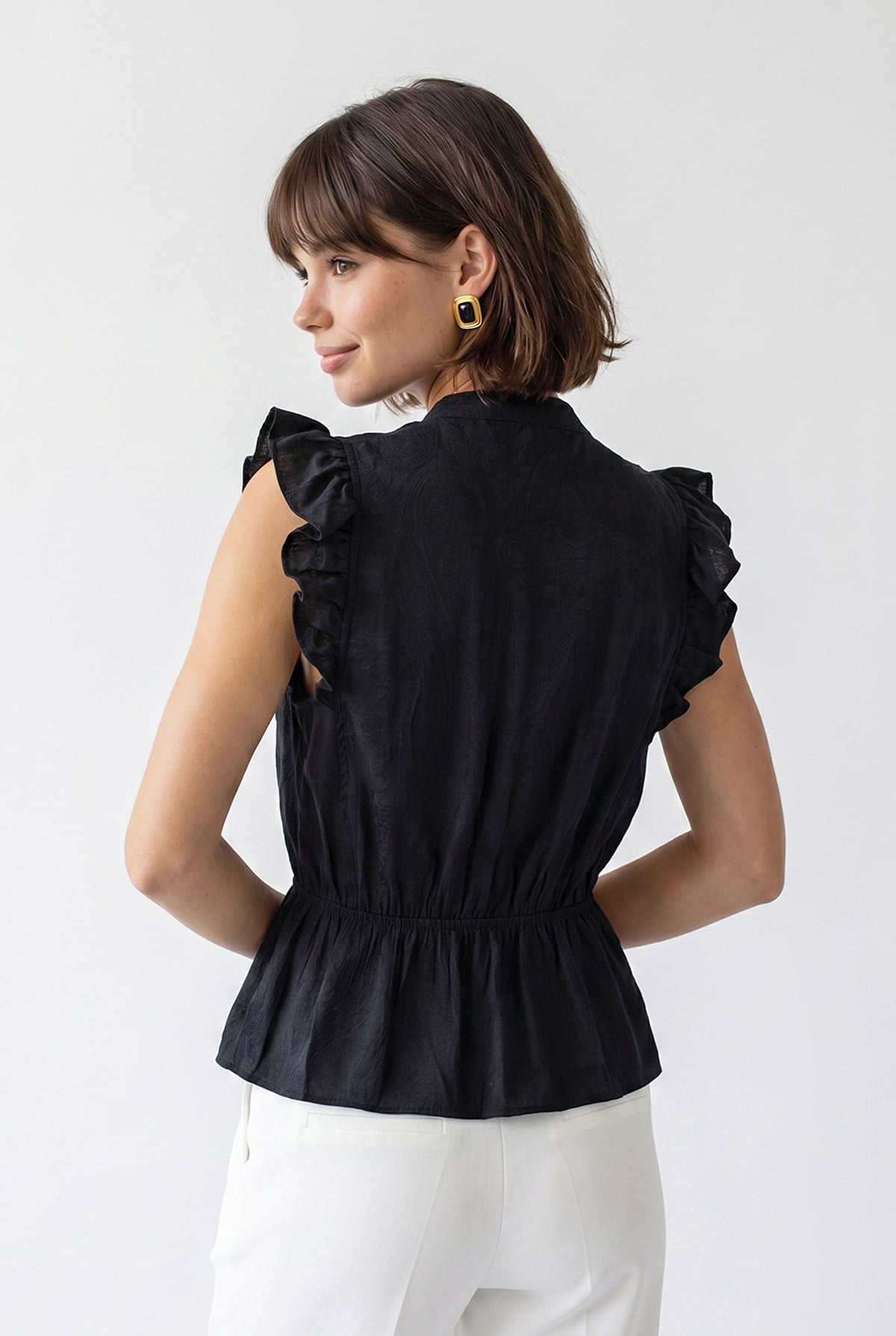 4921 Kadın Volanlı Hakim Yaka Jakarlı Peplum Bluz Siyah