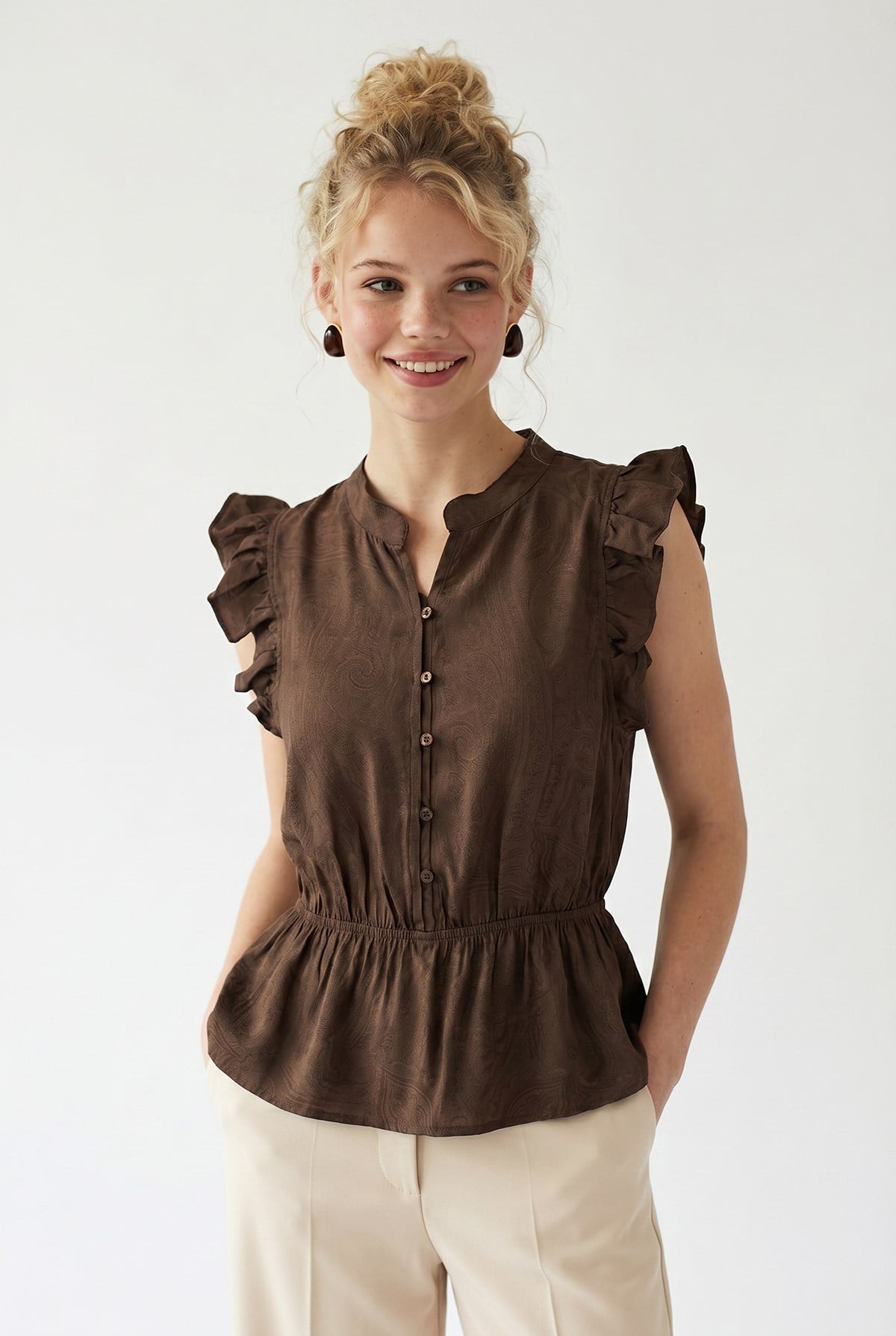 4921 Kadın Volanlı Hakim Yaka Jakarlı Peplum Bluz Kahve