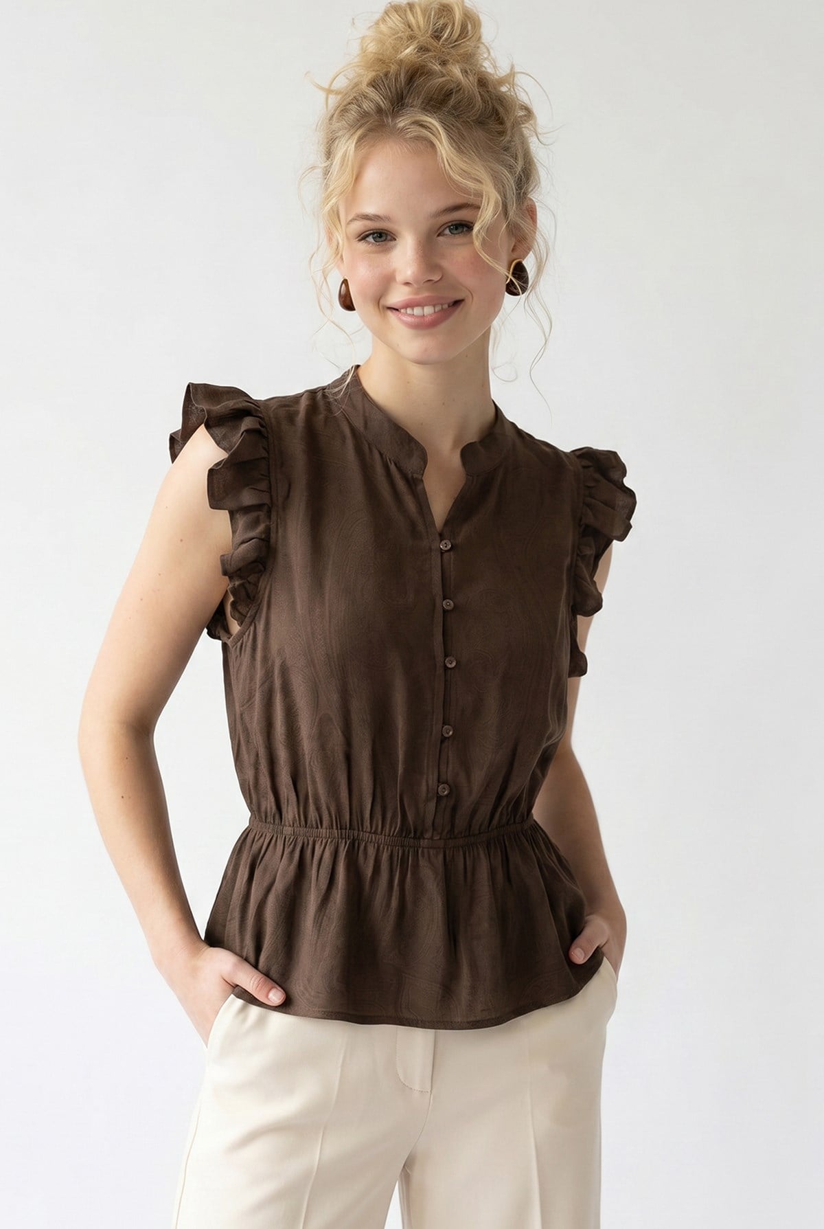 4921 Kadın Volanlı Hakim Yaka Jakarlı Peplum Bluz Kahve