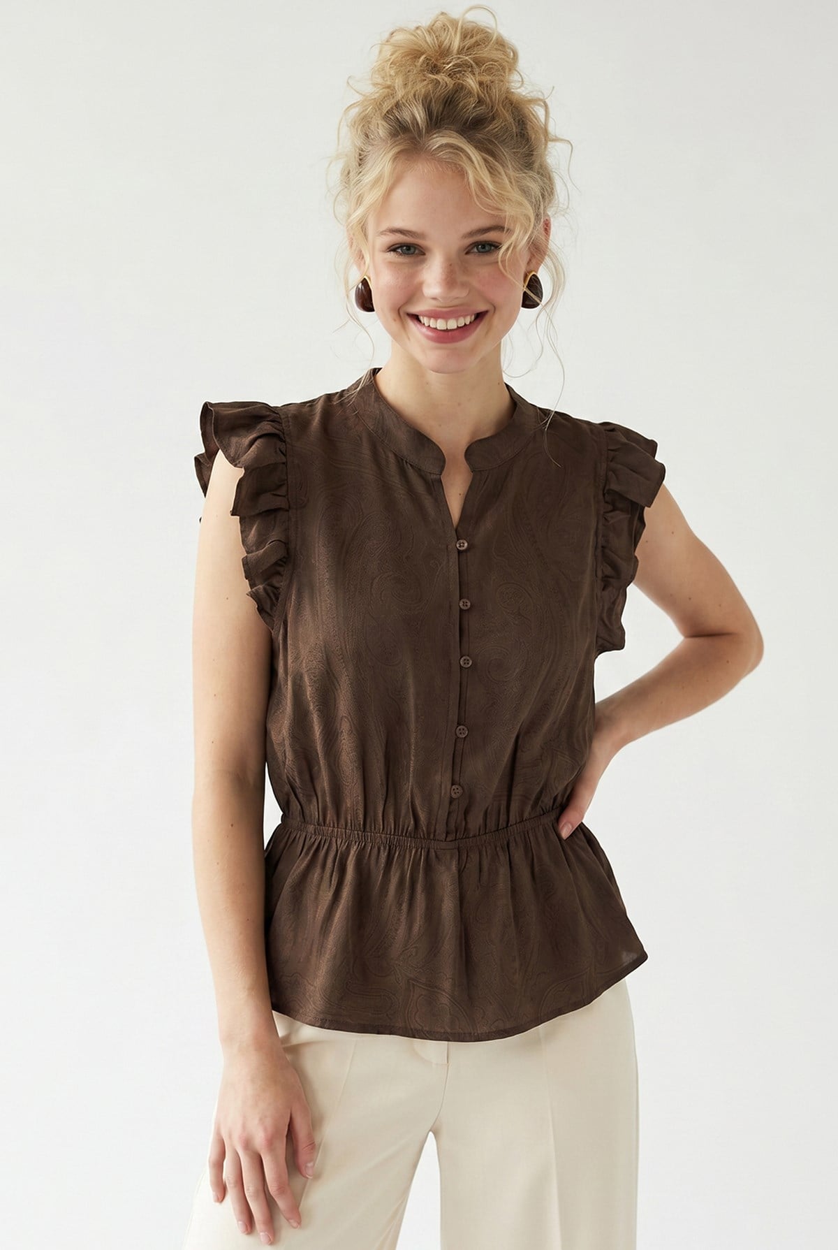4921 Kadın Volanlı Hakim Yaka Jakarlı Peplum Bluz Kahve