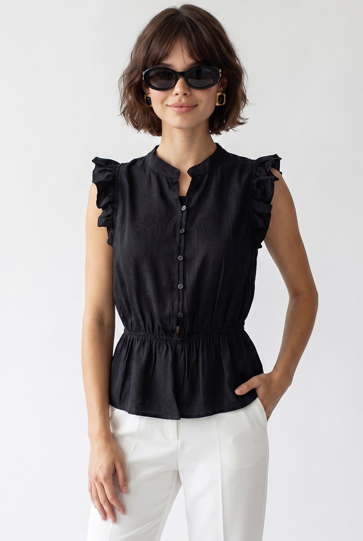 4921 Kadın Volanlı Hakim Yaka Jakarlı Peplum Bluz Siyah